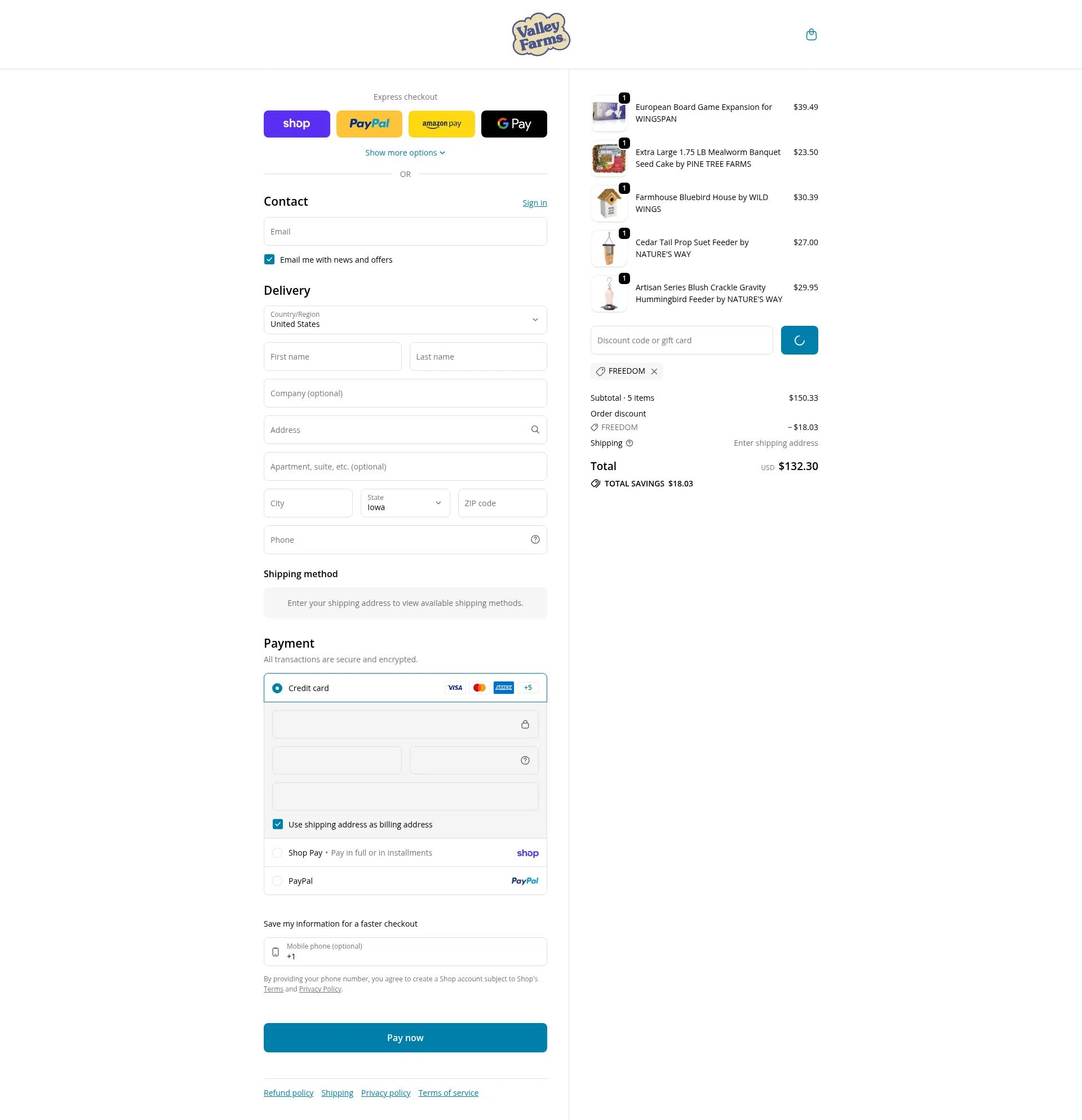 Valley Farms checkout page showing Valley Farms promo code box | Screenshot taken by SimplyCodes community member on Feb 4, 2026