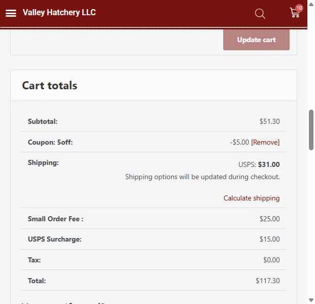 Valley Hatchery checkout page showing Valley Hatchery coupon code box | Screenshot taken by SimplyCodes community member on Dec 31, 2025