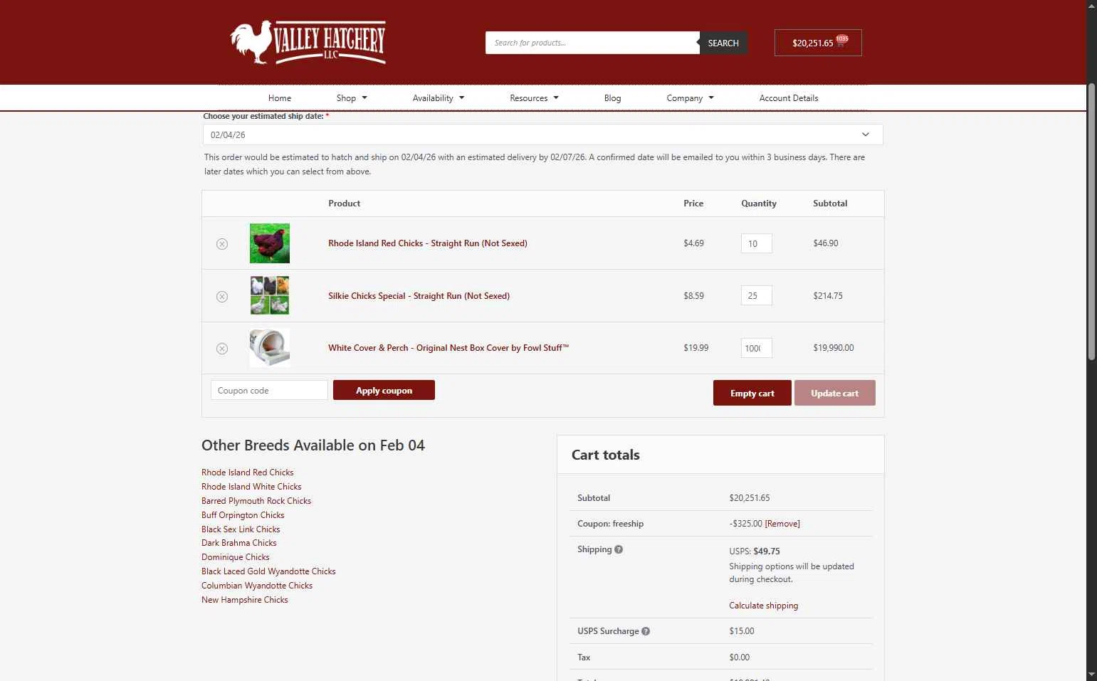 Valley Hatchery checkout page showing Valley Hatchery coupon code box | Screenshot taken by SimplyCodes community member on Jan 5, 2026