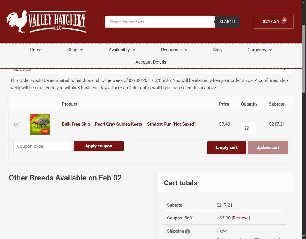 Valley Hatchery checkout page showing Valley Hatchery coupon code box | Screenshot taken by SimplyCodes community member on Dec 2, 2025