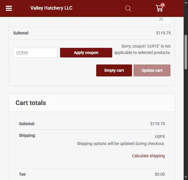 Valley Hatchery checkout page showing Valley Hatchery coupon code box | Screenshot taken by SimplyCodes community member on Oct 31, 2025