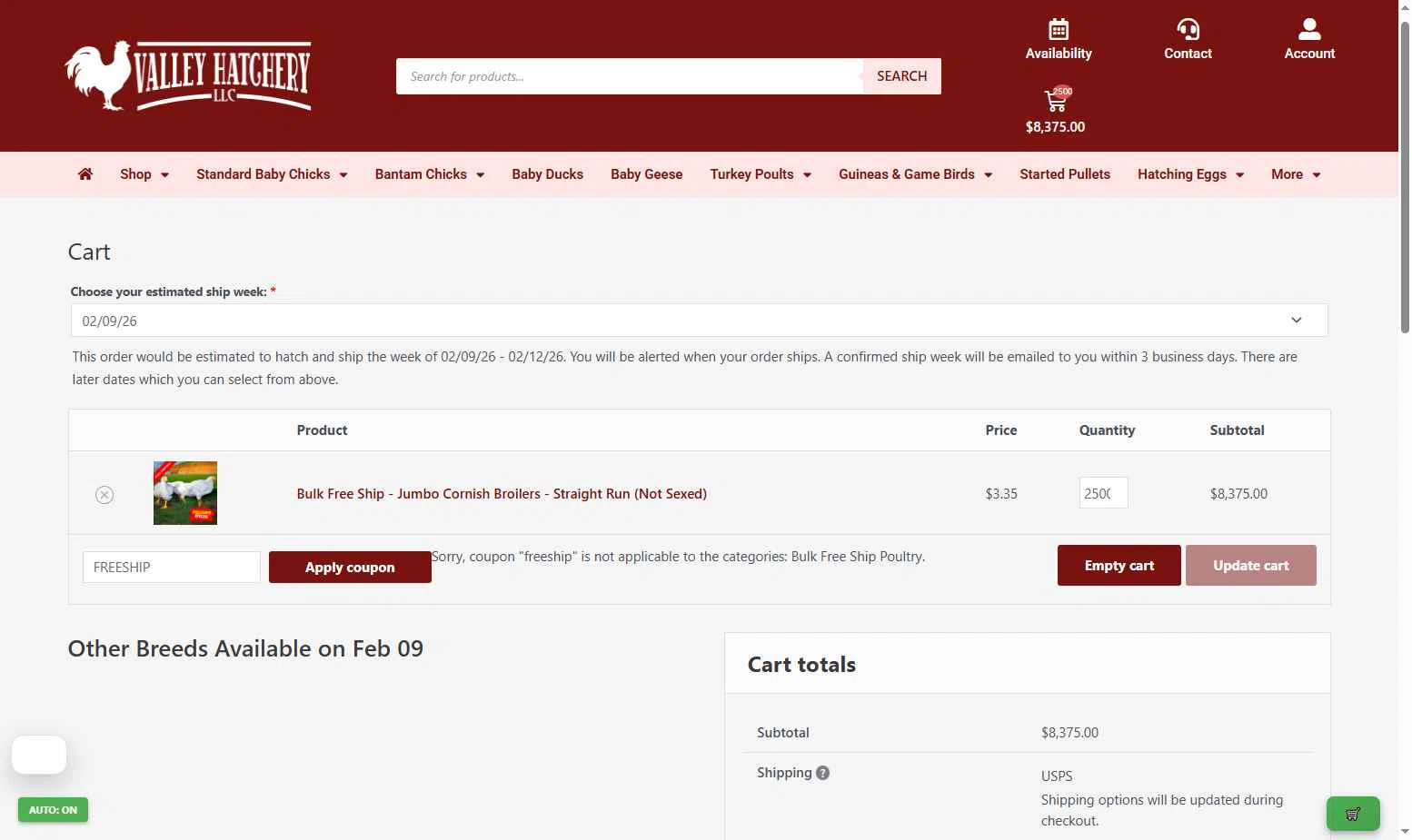 Valley Hatchery checkout page showing Valley Hatchery coupon code box | Screenshot taken by SimplyCodes community member on Feb 3, 2026