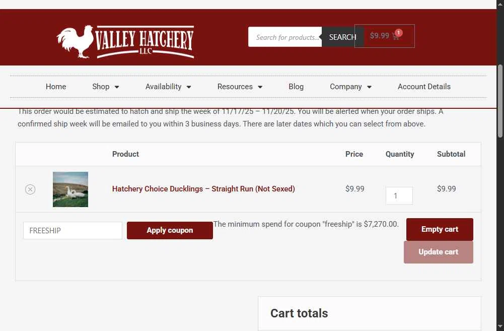 Valley Hatchery checkout page showing Valley Hatchery coupon code box | Screenshot taken by SimplyCodes community member on Nov 8, 2025
