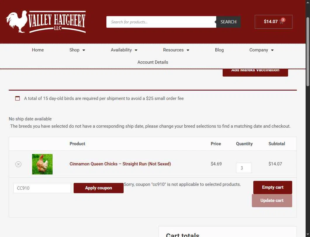 Valley Hatchery checkout page showing Valley Hatchery coupon code box | Screenshot taken by SimplyCodes community member on Nov 30, 2025