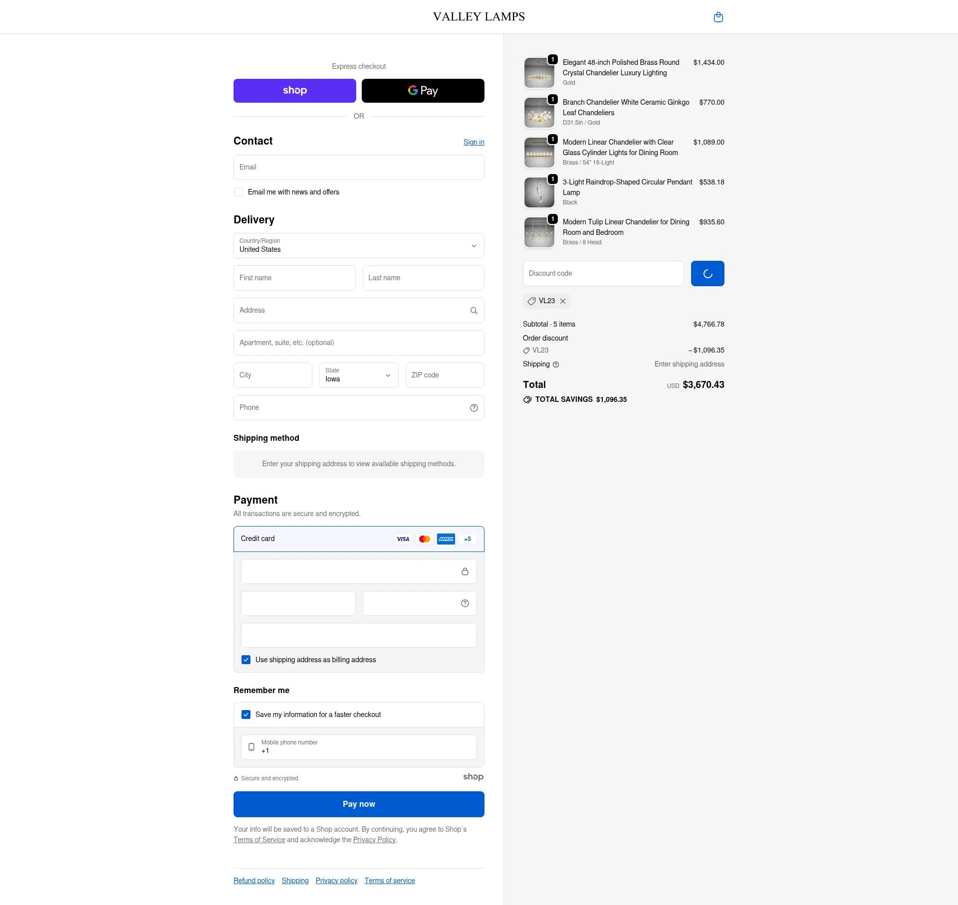 Valley Lamps checkout page showing Valley Lamps promo code box | Screenshot taken by SimplyCodes community member on Jan 8, 2026