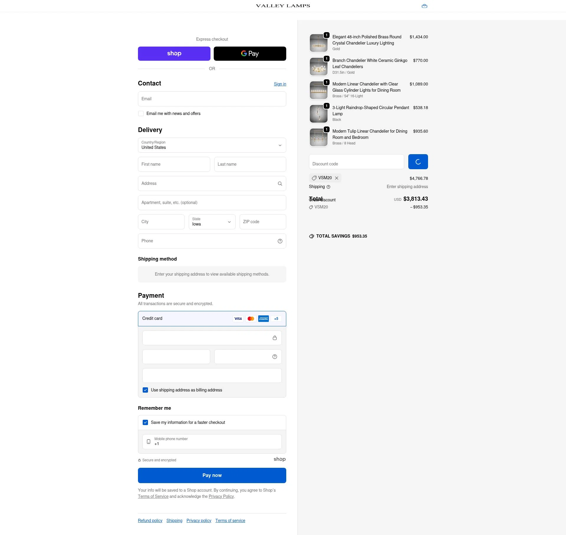 Valley Lamps checkout page showing Valley Lamps promo code box | Screenshot taken by SimplyCodes community member on Jan 8, 2026
