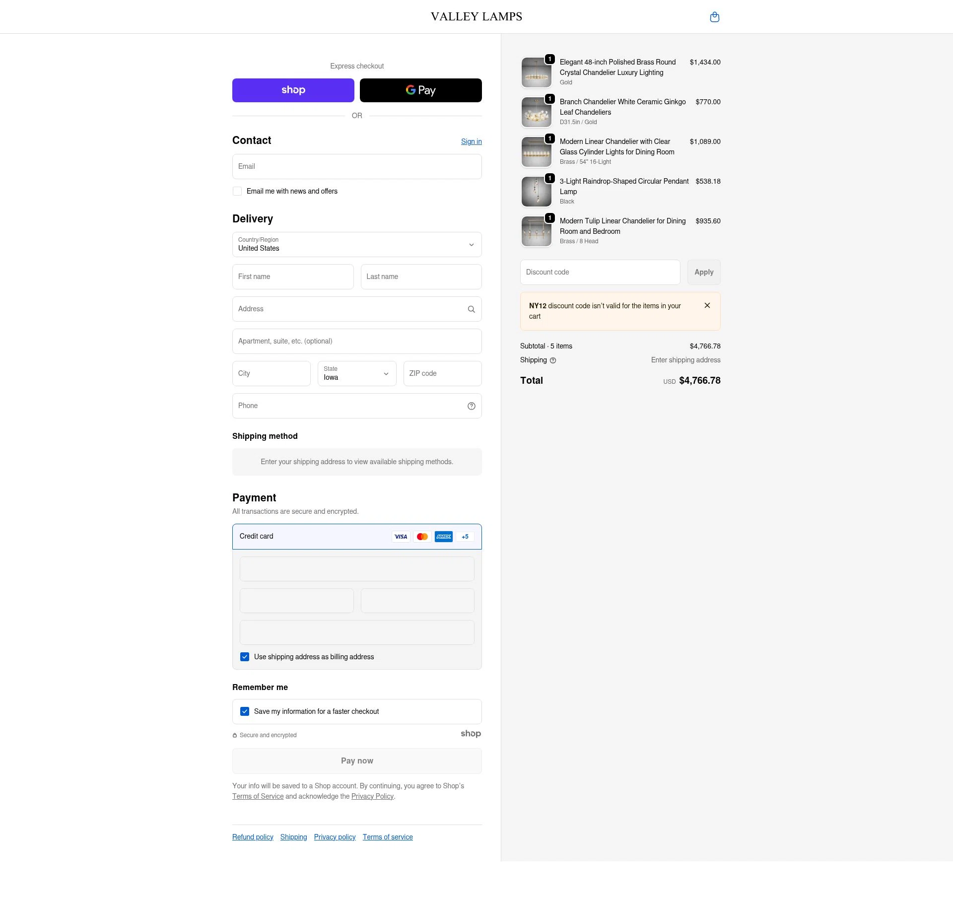 Valley Lamps checkout page showing Valley Lamps promo code box | Screenshot taken by SimplyCodes community member on Jan 8, 2026