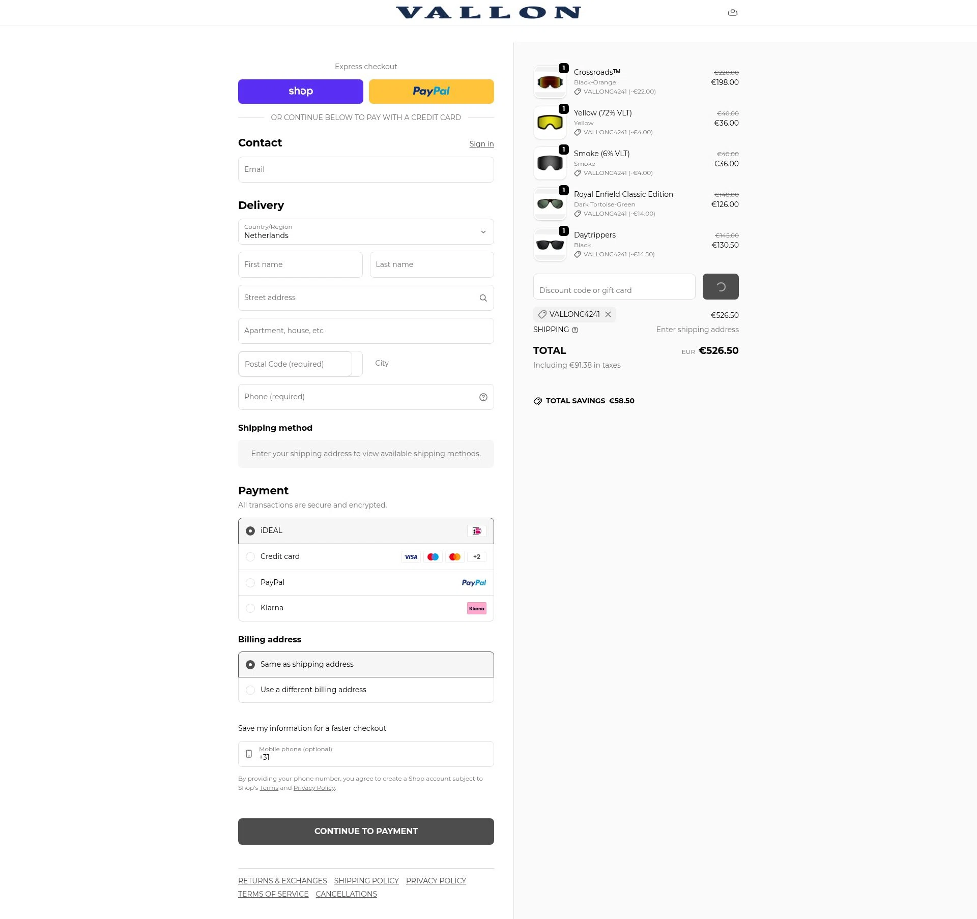 VALLON checkout page showing VALLON discount code box | Screenshot taken by SimplyCodes community member on Feb 17, 2026