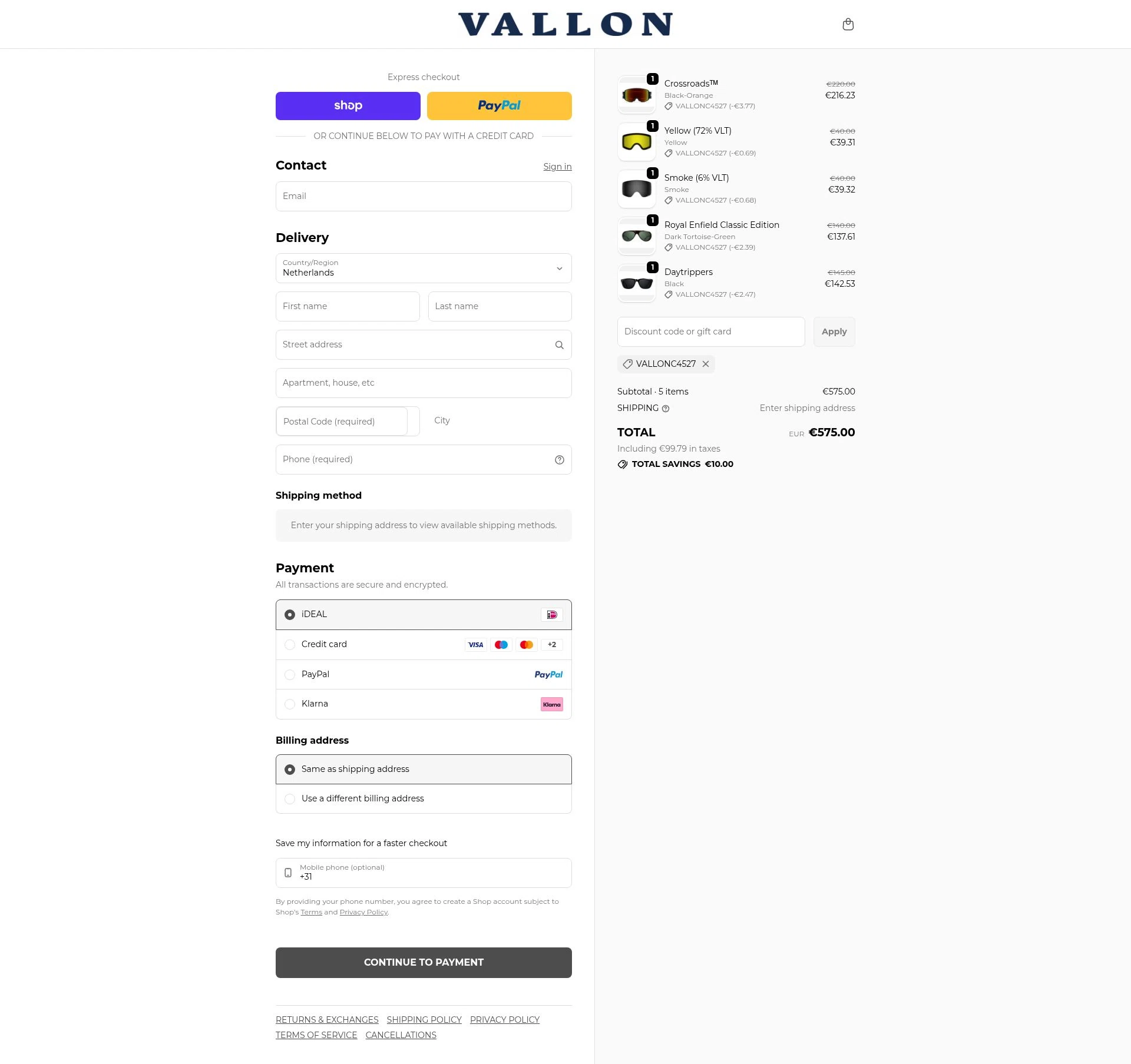VALLON checkout page showing VALLON discount code box | Screenshot taken by SimplyCodes community member on Feb 13, 2026