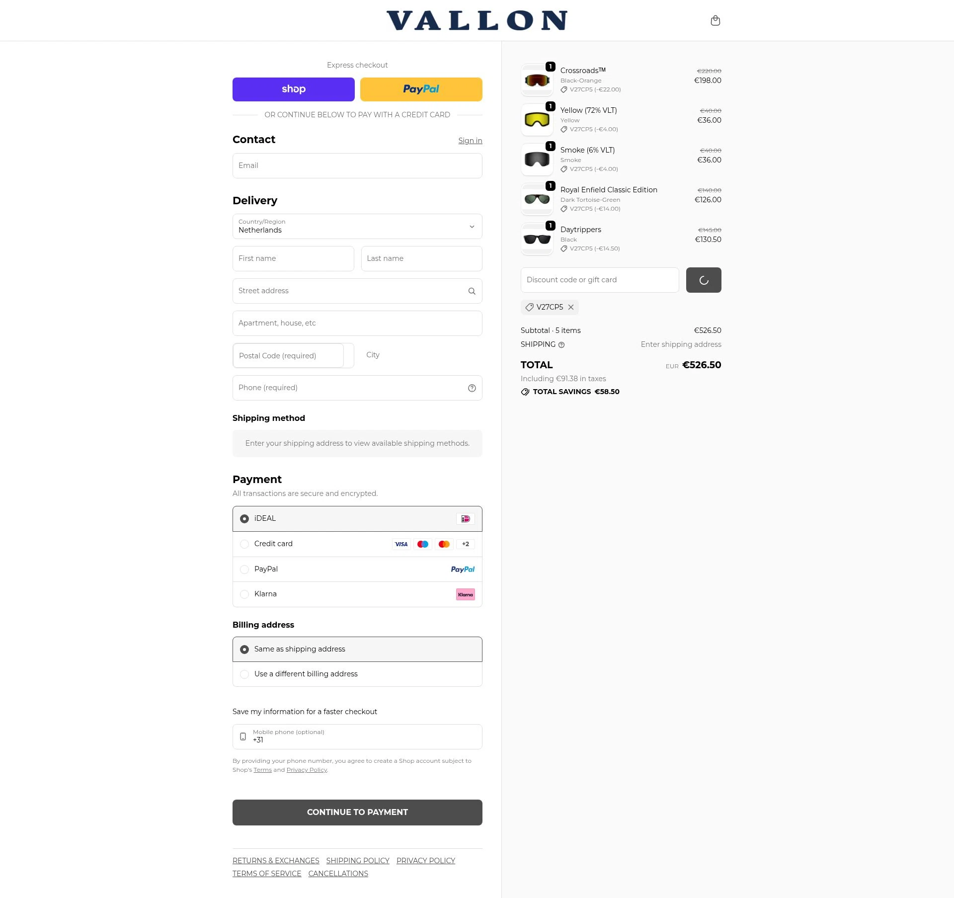 VALLON checkout page showing VALLON discount code box | Screenshot taken by SimplyCodes community member on Feb 13, 2026