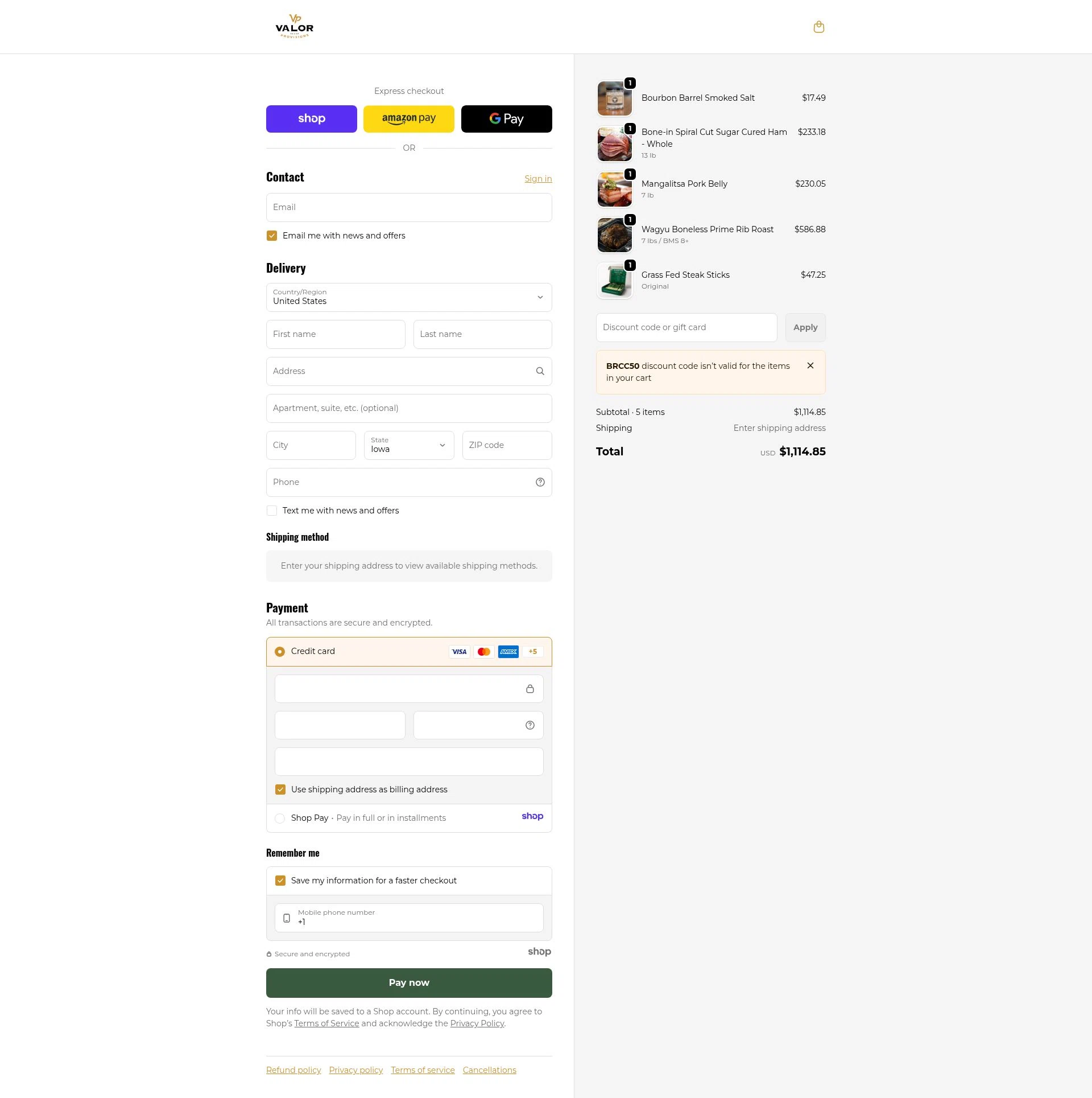 Valor Provisions checkout page showing Valor Provisions promo code box | Screenshot taken by SimplyCodes community member on Dec 25, 2025
