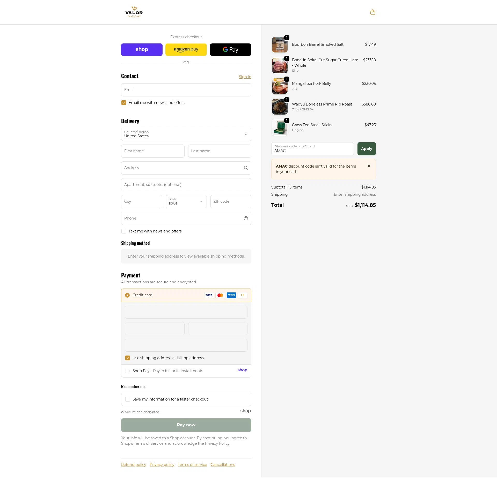 Valor Provisions checkout page showing Valor Provisions promo code box | Screenshot taken by SimplyCodes community member on Dec 13, 2025
