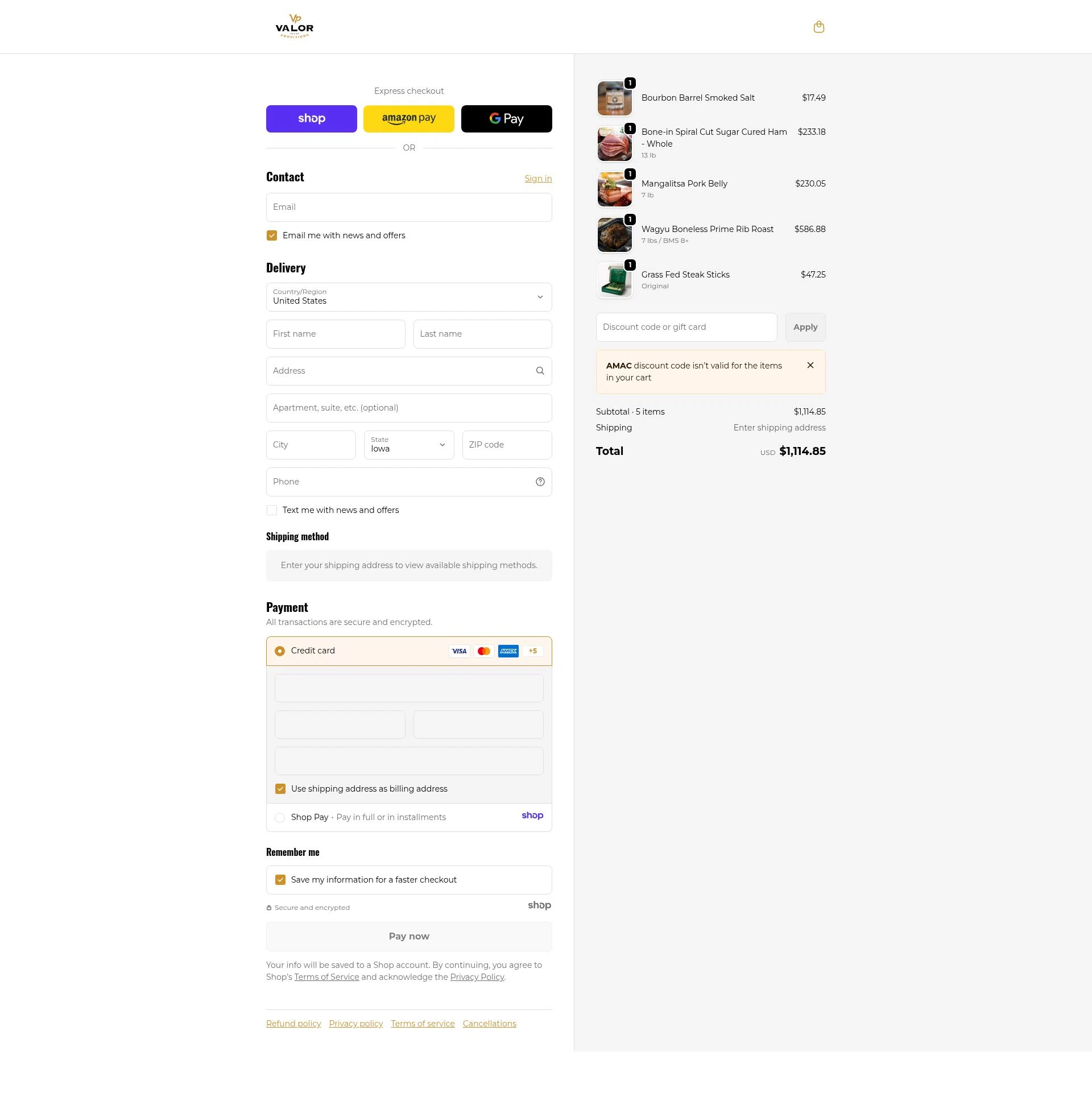 Valor Provisions checkout page showing Valor Provisions promo code box | Screenshot taken by SimplyCodes community member on Dec 20, 2025