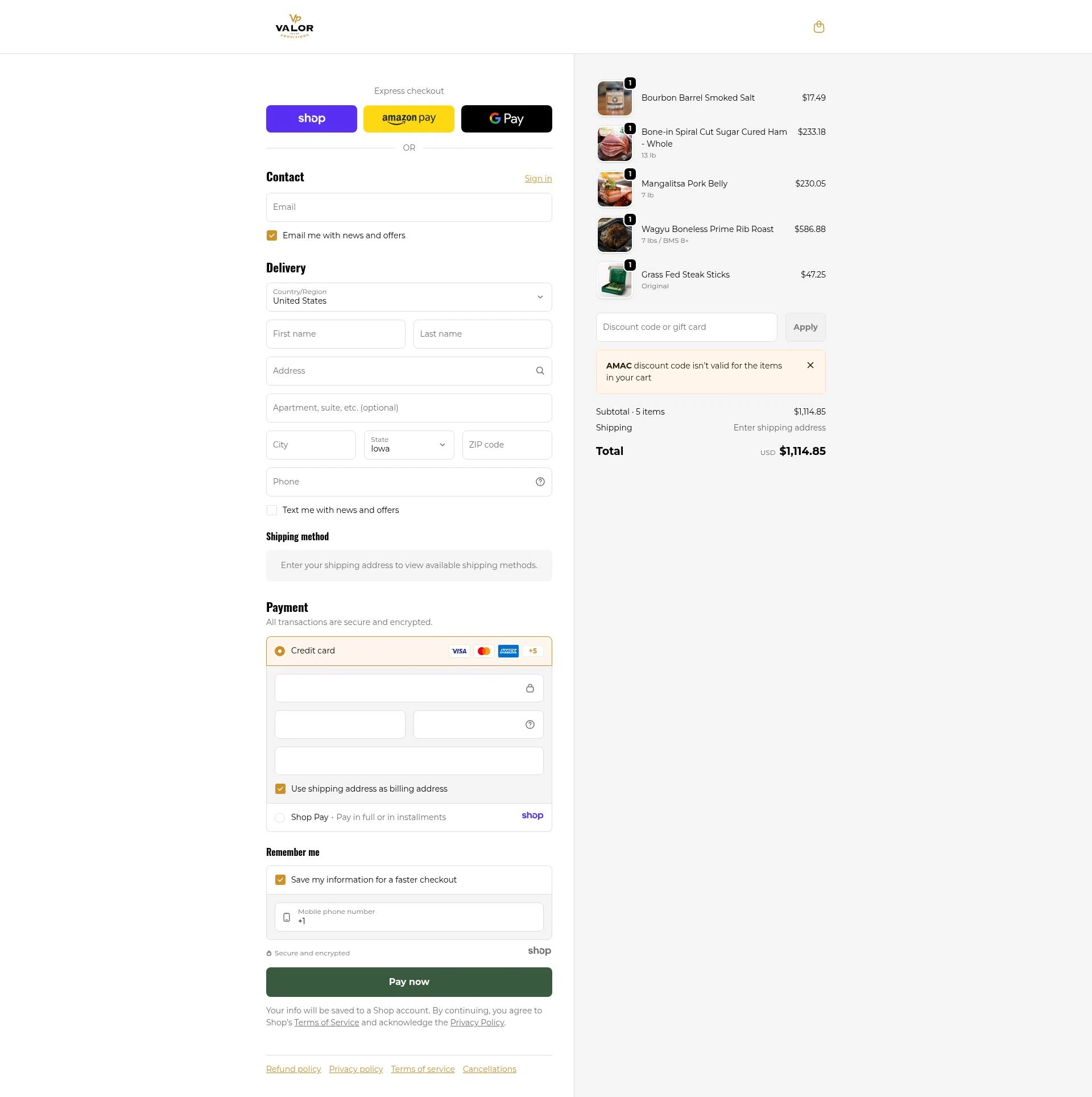 Valor Provisions checkout page showing Valor Provisions promo code box | Screenshot taken by SimplyCodes community member on Dec 25, 2025