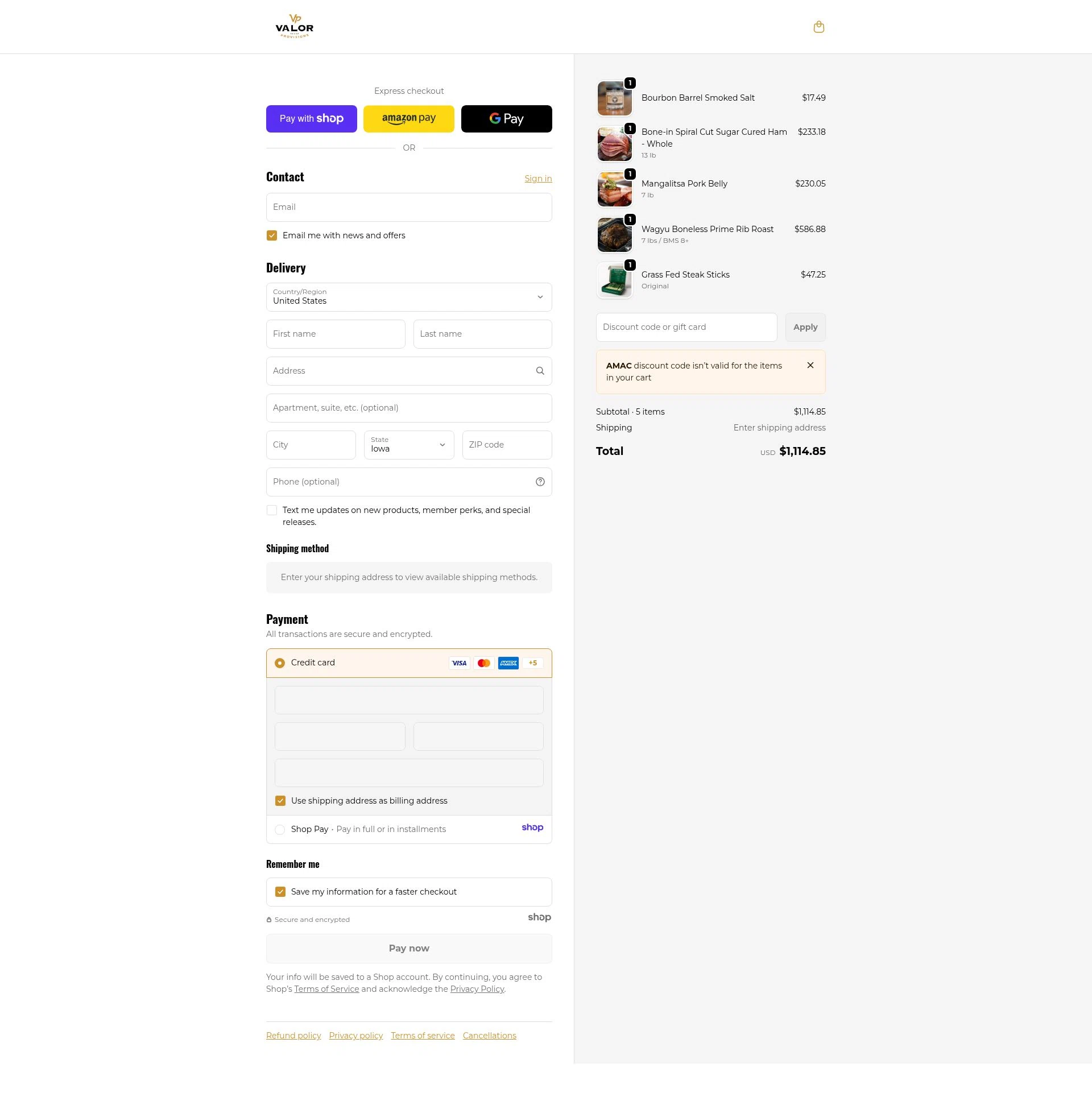 Valor Provisions checkout page showing Valor Provisions promo code box | Screenshot taken by SimplyCodes community member on Jan 9, 2026