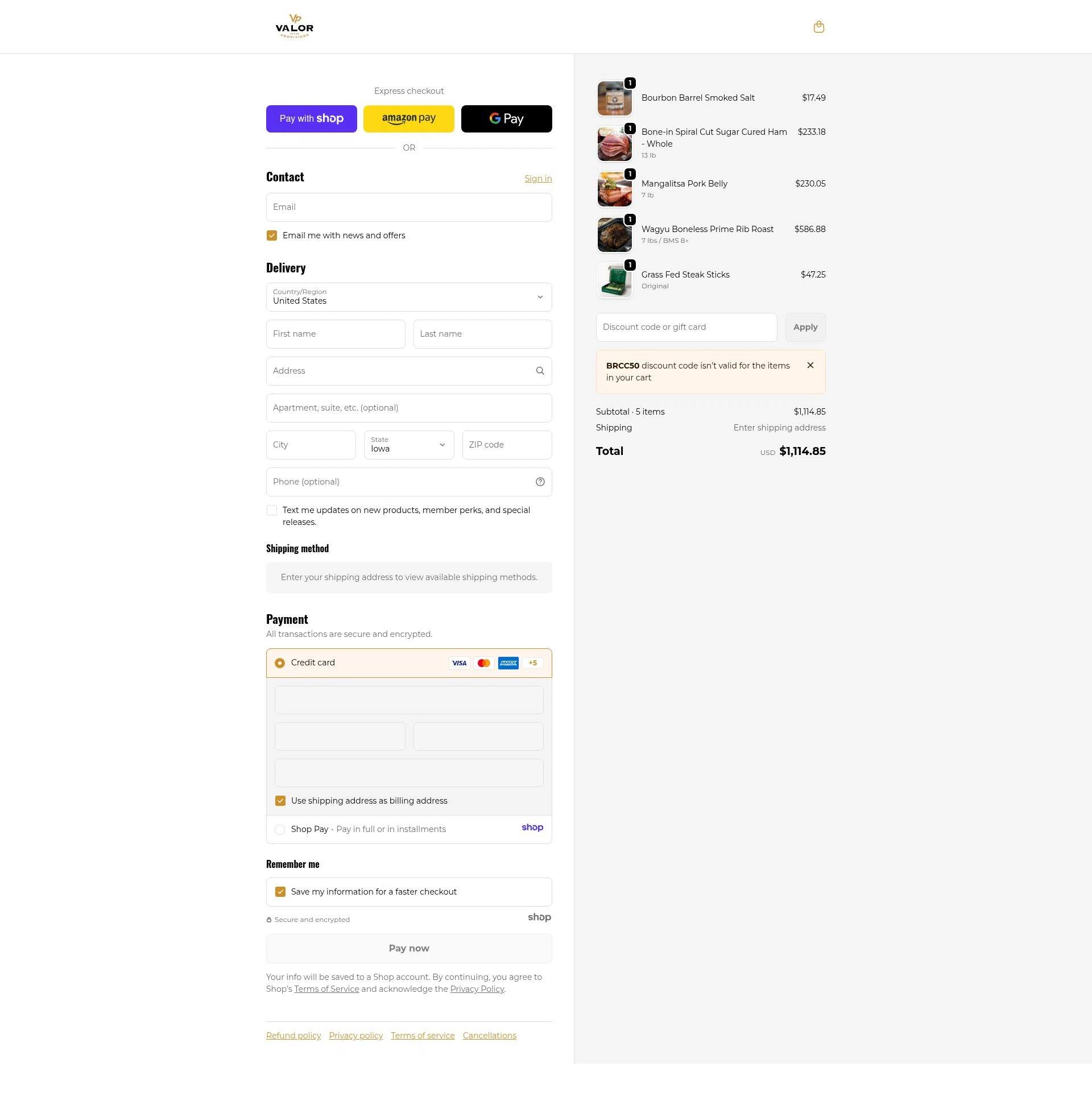 Valor Provisions checkout page showing Valor Provisions promo code box | Screenshot taken by SimplyCodes community member on Jan 9, 2026