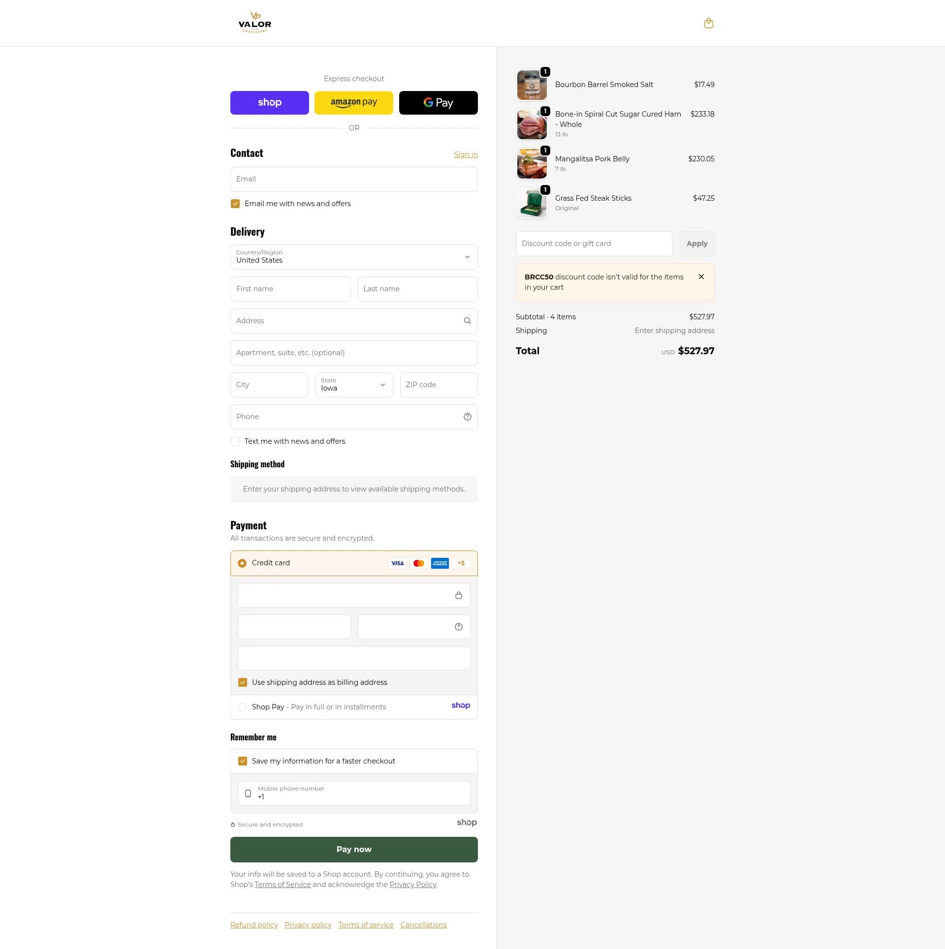 Valor Provisions checkout page showing Valor Provisions promo code box | Screenshot taken by SimplyCodes community member on Dec 30, 2025