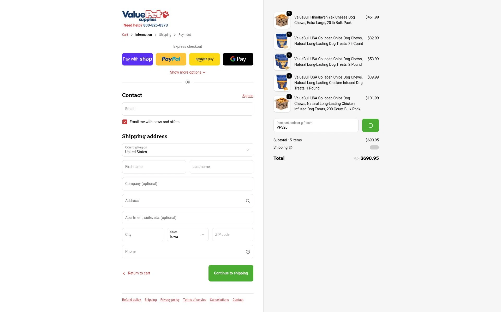 Value Pet Supplies checkout page showing Value Pet Supplies promo code box | Screenshot taken by SimplyCodes community member on Jan 7, 2026