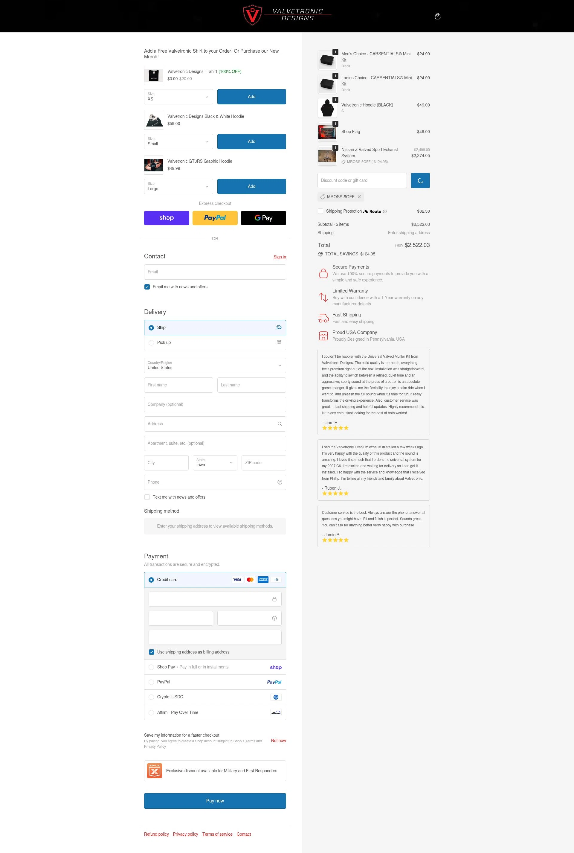 Valvetronic Designs checkout page showing Valvetronic Designs promo code box | Screenshot taken by SimplyCodes community member on Feb 14, 2026