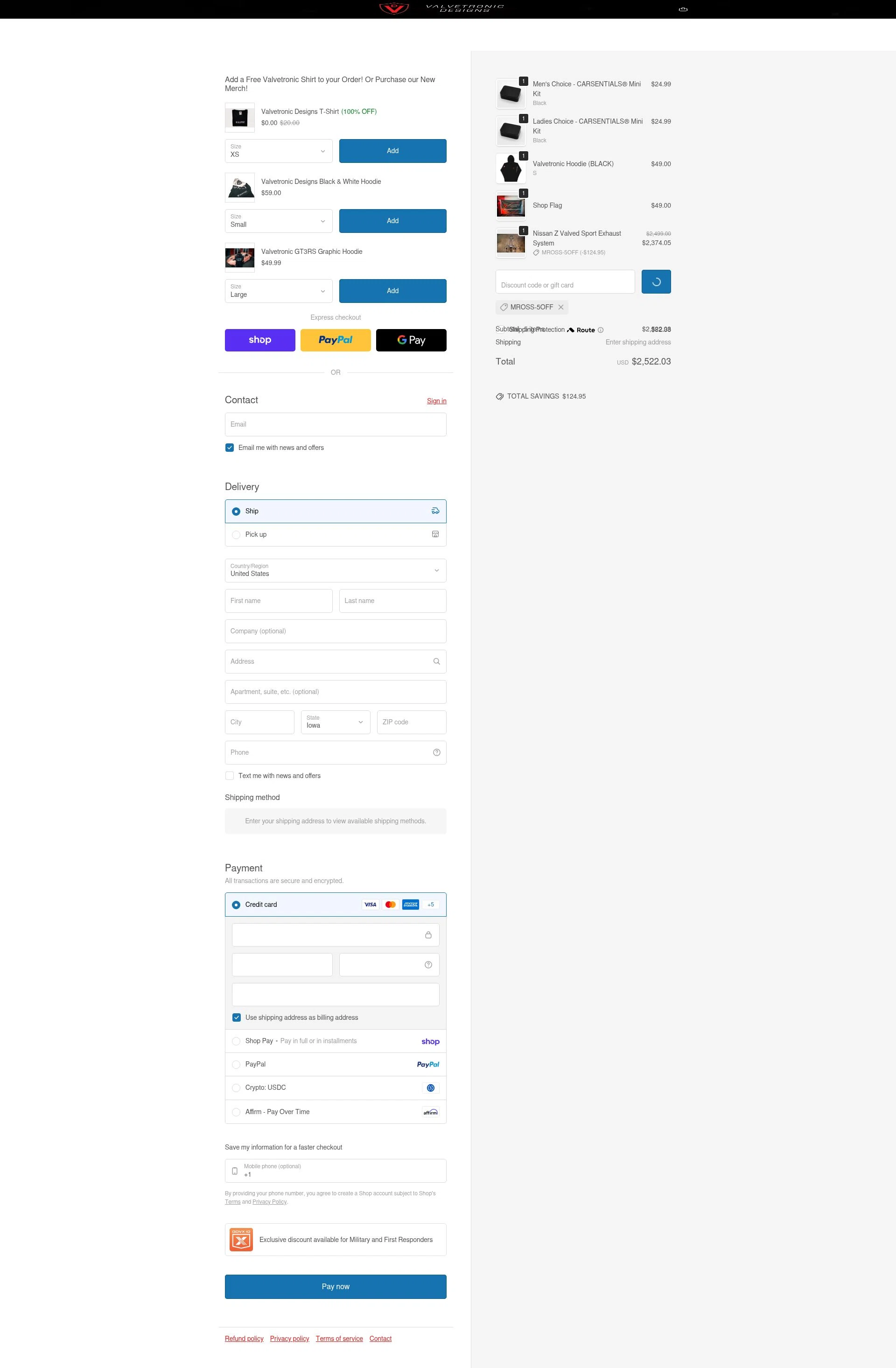 Valvetronic Designs checkout page showing Valvetronic Designs promo code box | Screenshot taken by SimplyCodes community member on Feb 10, 2026