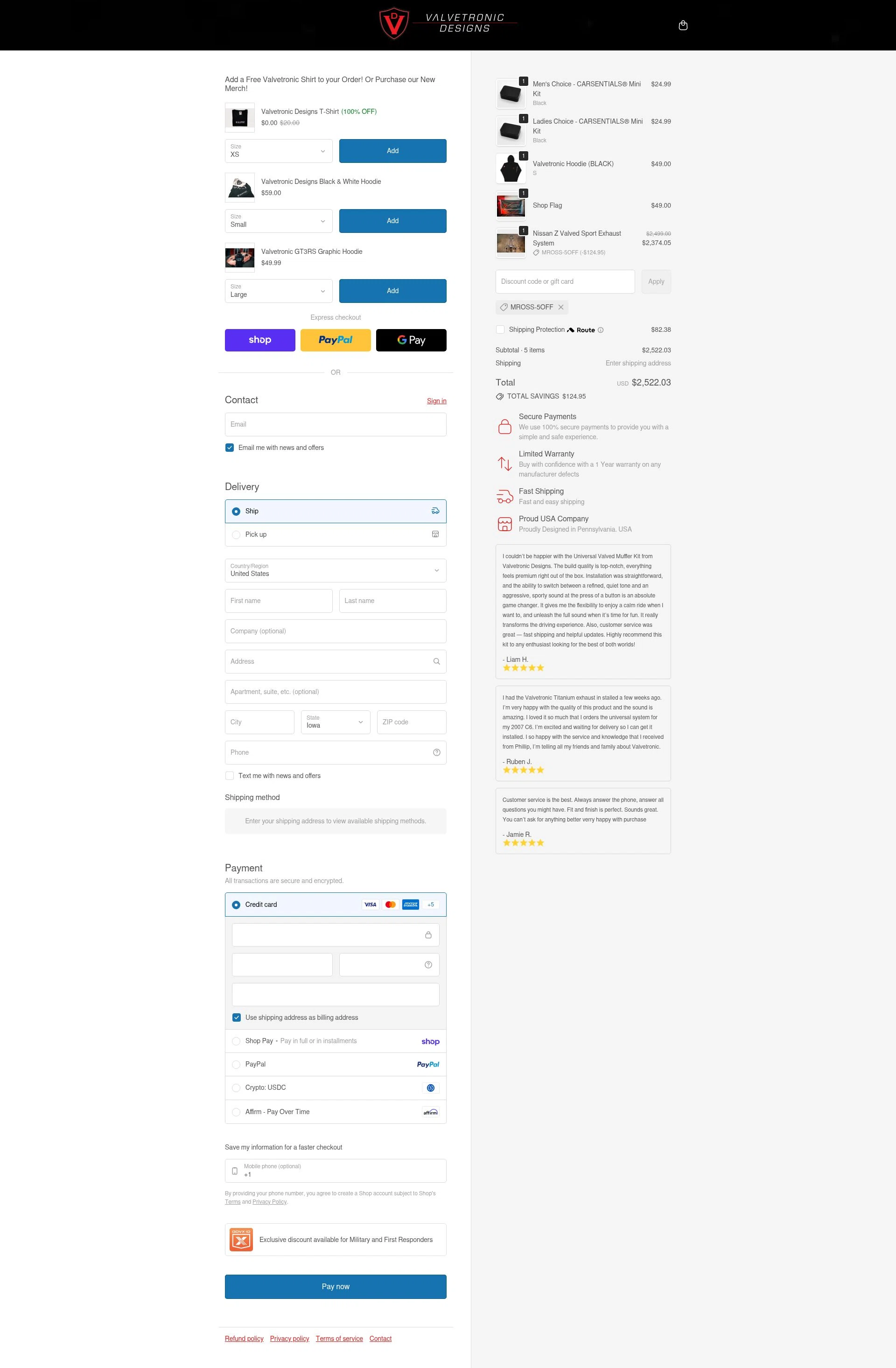 Valvetronic Designs checkout page showing Valvetronic Designs promo code box | Screenshot taken by SimplyCodes community member on Feb 23, 2026