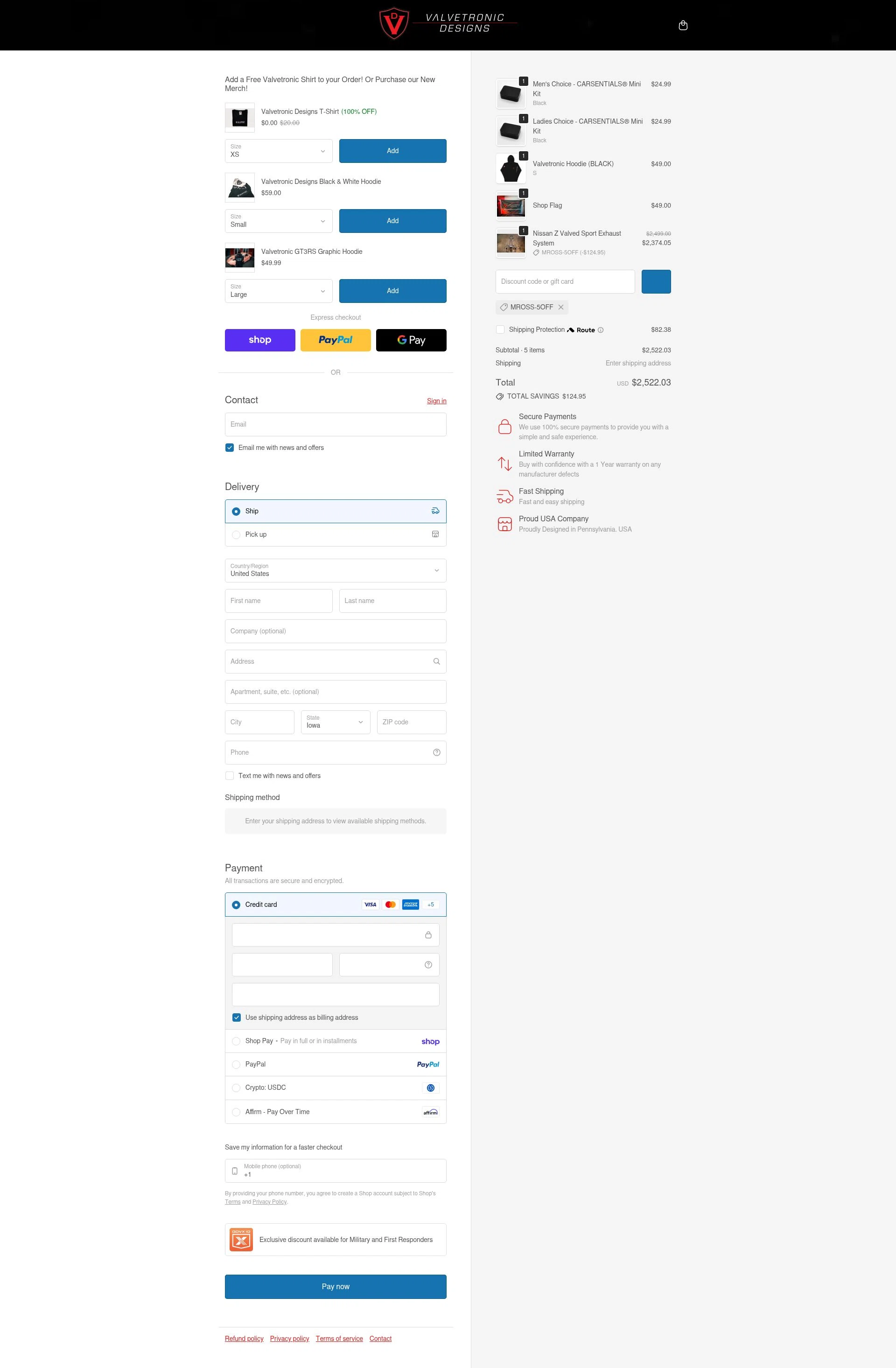 Valvetronic Designs checkout page showing Valvetronic Designs promo code box | Screenshot taken by SimplyCodes community member on Feb 5, 2026
