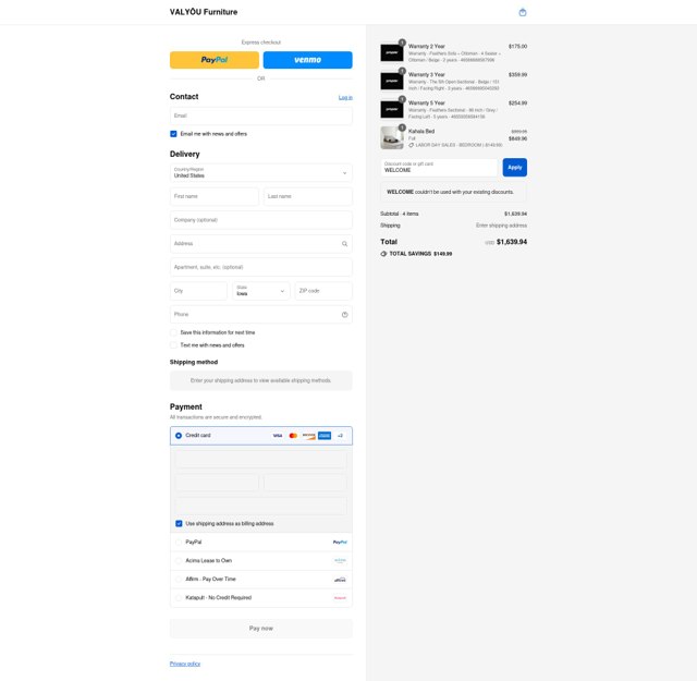 Valyou Furniture checkout page showing Valyou Furniture discount code box | Screenshot taken by SimplyCodes community member on Aug 30, 2025