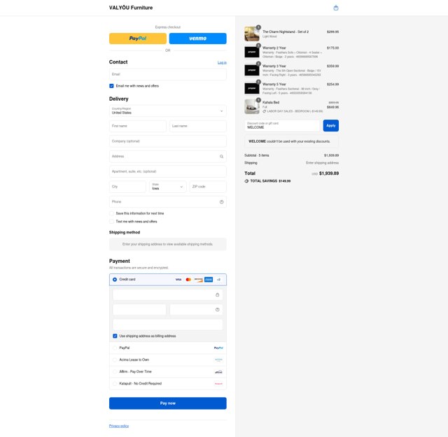 Valyou Furniture checkout page showing Valyou Furniture discount code box | Screenshot taken by SimplyCodes community member on Aug 26, 2025