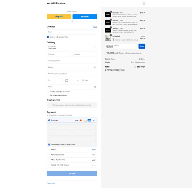 Valyou Furniture checkout page showing Valyou Furniture discount code box | Screenshot taken by SimplyCodes community member on Sep 3, 2025