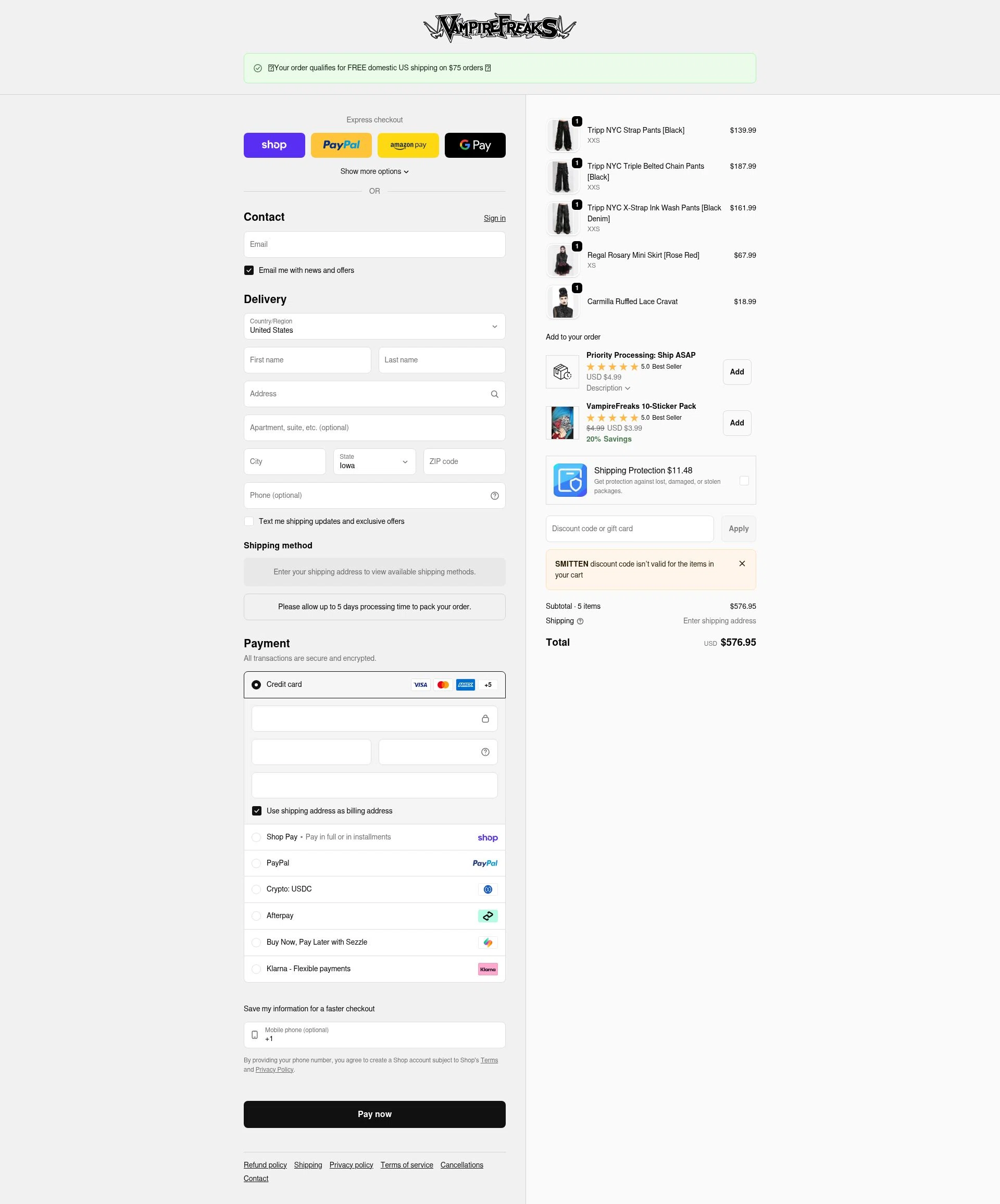 VampireFreaks checkout page showing VampireFreaks discount code box | Screenshot taken by SimplyCodes community member on Feb 10, 2026