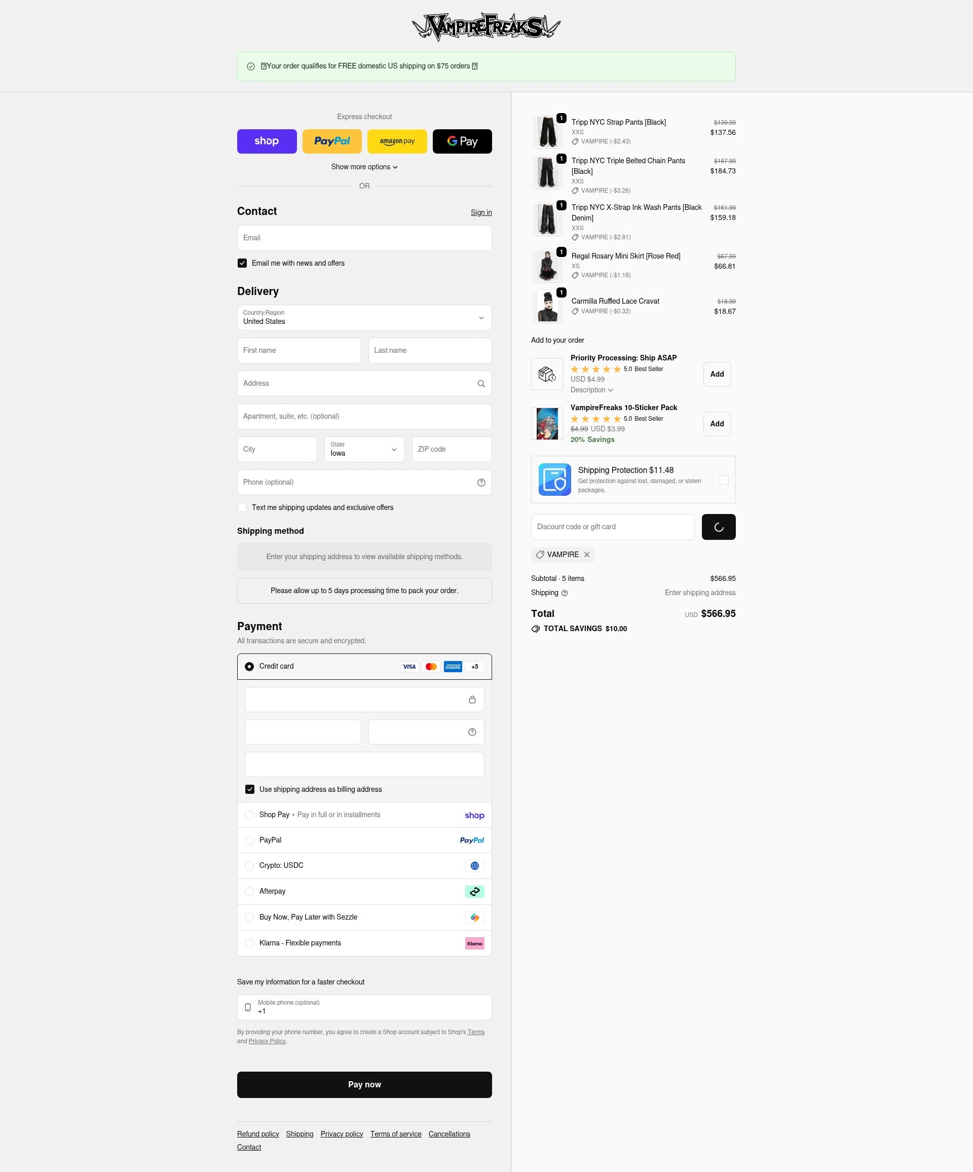 VampireFreaks checkout page showing VampireFreaks discount code box | Screenshot taken by SimplyCodes community member on Feb 14, 2026