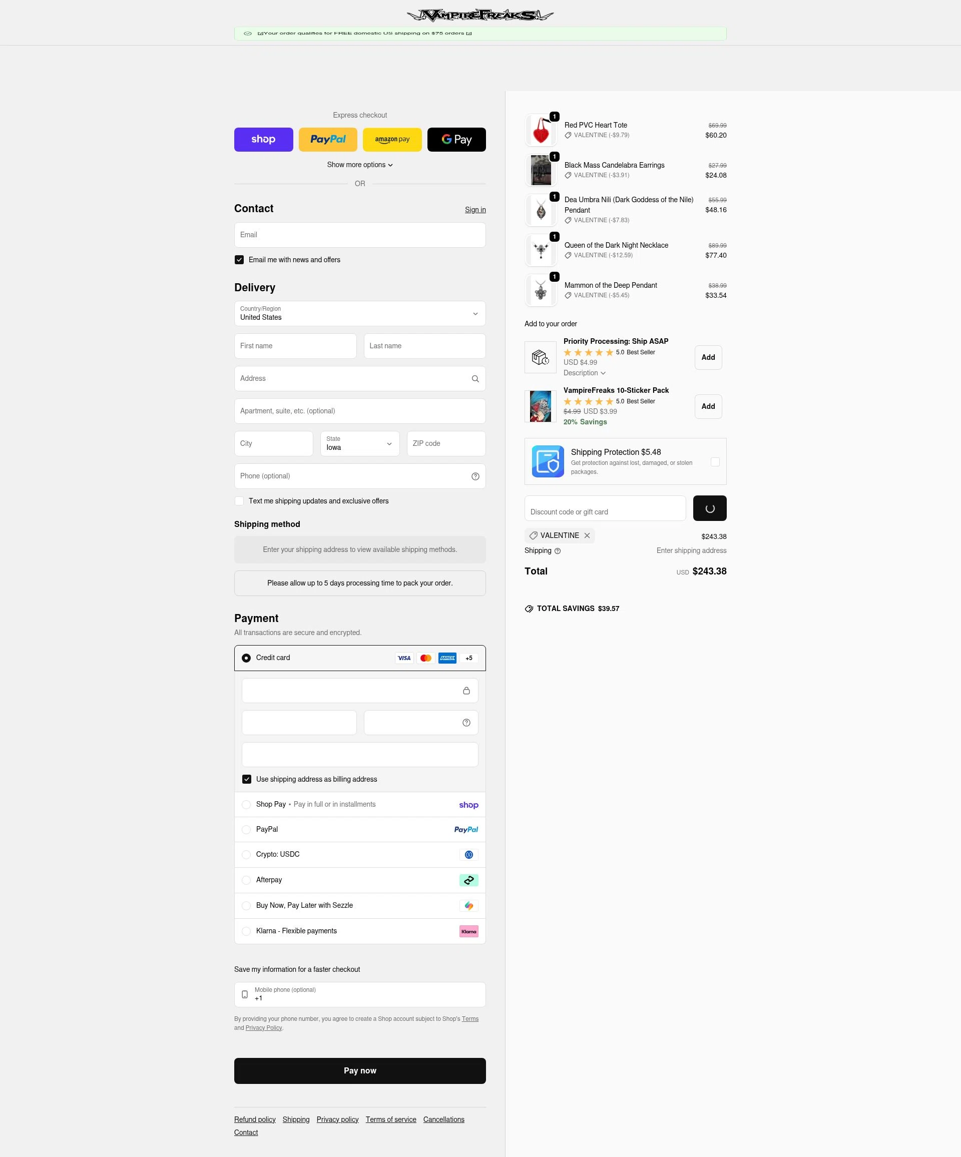 VampireFreaks checkout page showing VampireFreaks discount code box | Screenshot taken by SimplyCodes community member on Feb 19, 2026