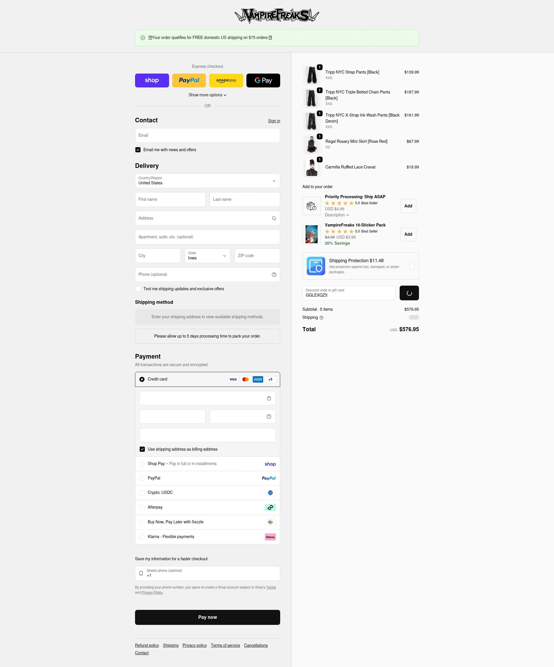 VampireFreaks checkout page showing VampireFreaks discount code box | Screenshot taken by SimplyCodes community member on Feb 10, 2026