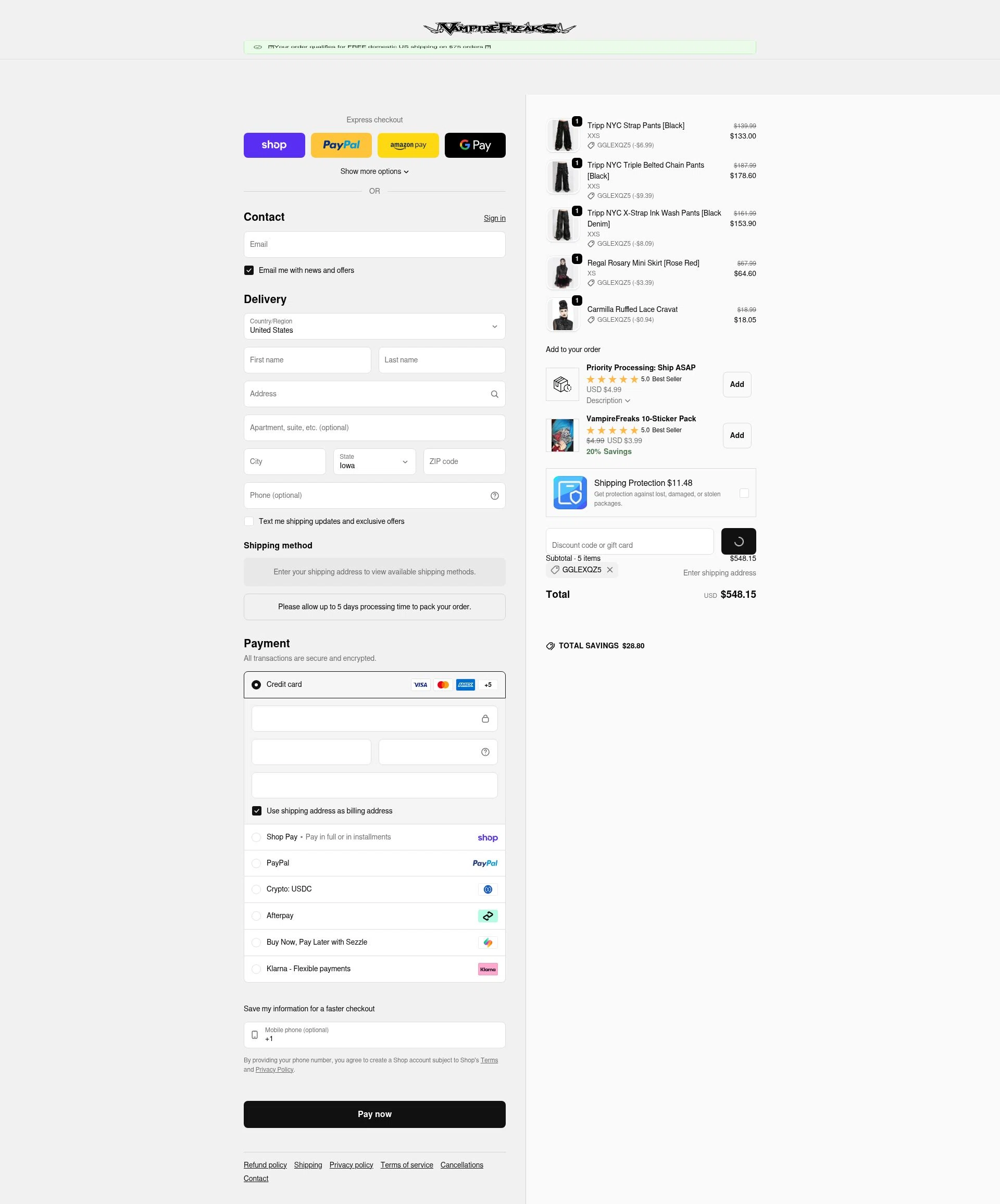 VampireFreaks checkout page showing VampireFreaks discount code box | Screenshot taken by SimplyCodes community member on Feb 14, 2026