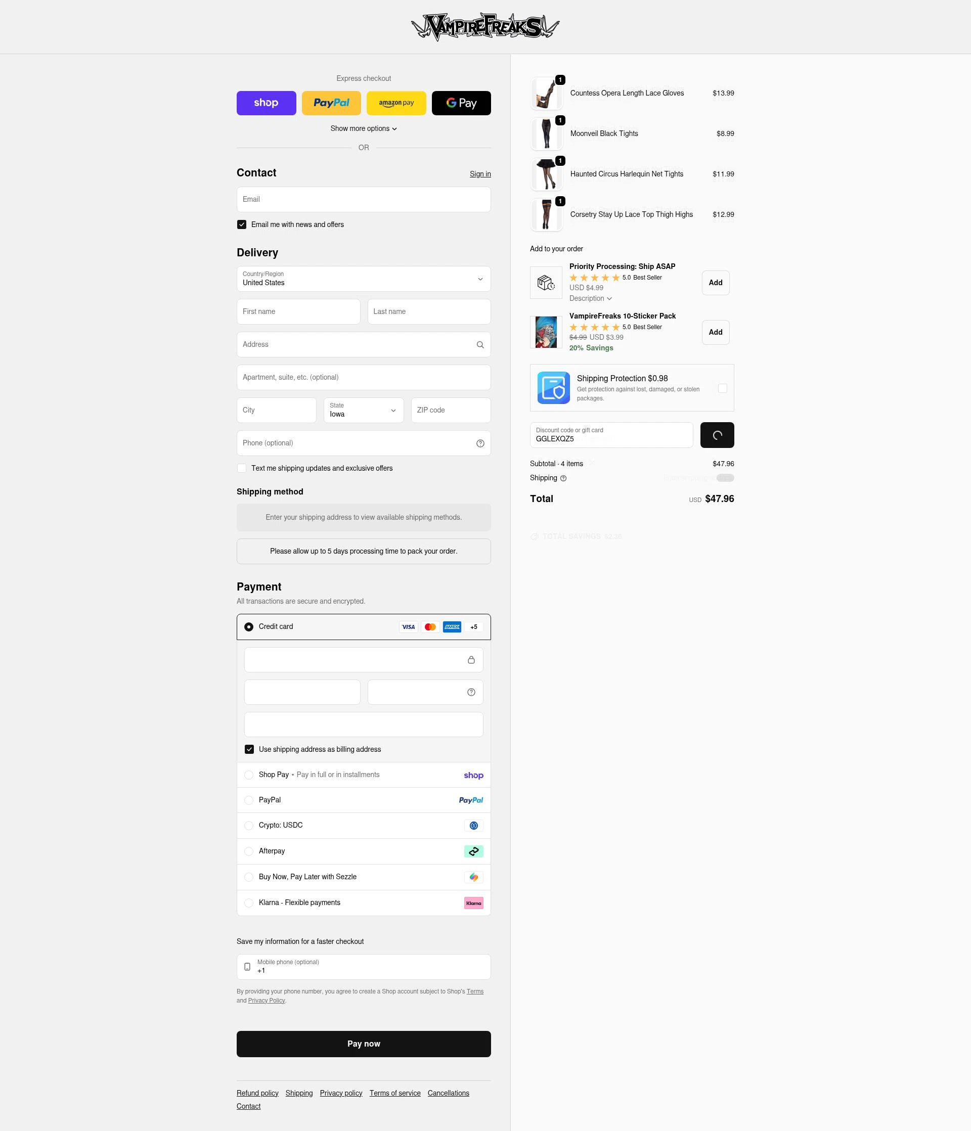 Vampire Freaks Store checkout page showing Vampire Freaks Store promo code box | Screenshot taken by SimplyCodes community member on Jan 31, 2026