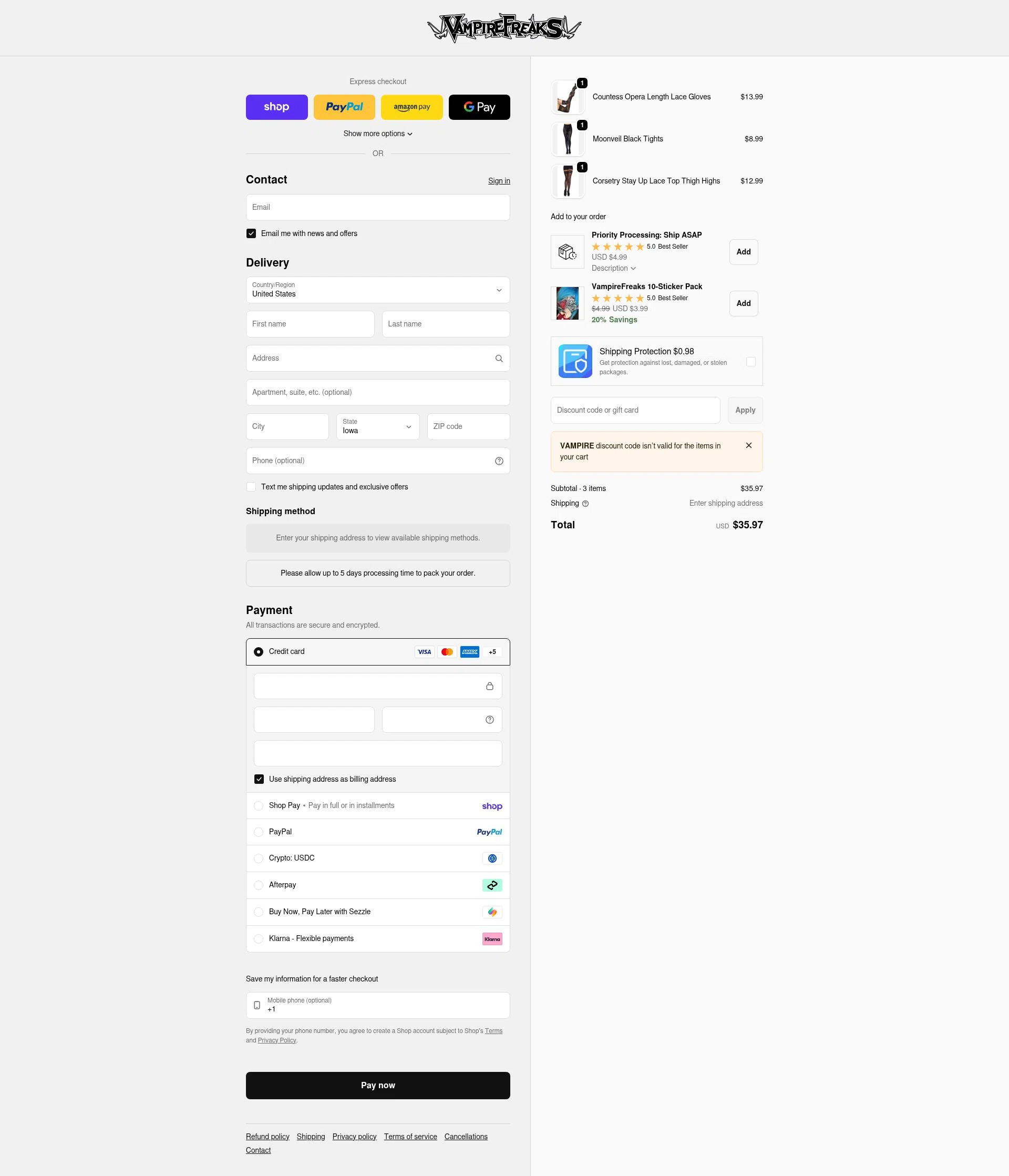 Vampire Freaks Store checkout page showing Vampire Freaks Store promo code box | Screenshot taken by SimplyCodes community member on Feb 4, 2026