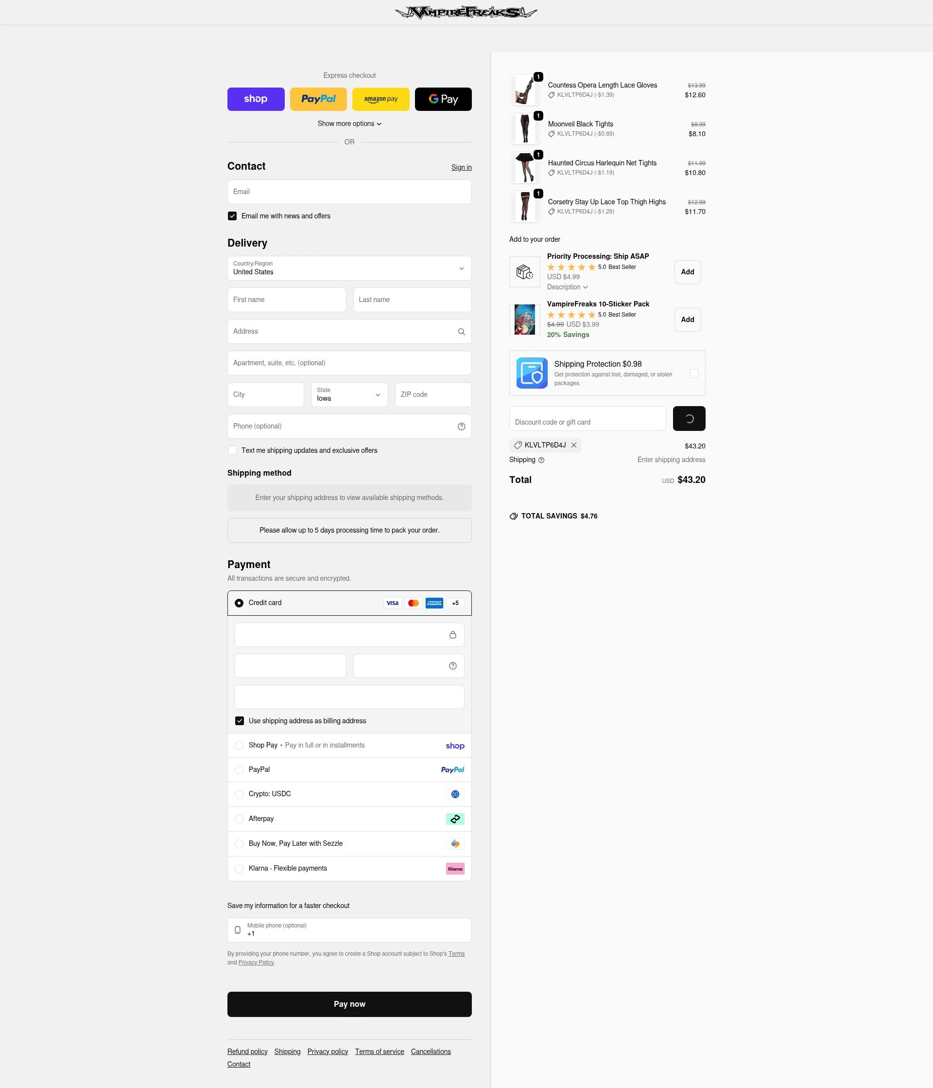 Vampire Freaks Store checkout page showing Vampire Freaks Store promo code box | Screenshot taken by SimplyCodes community member on Jan 31, 2026