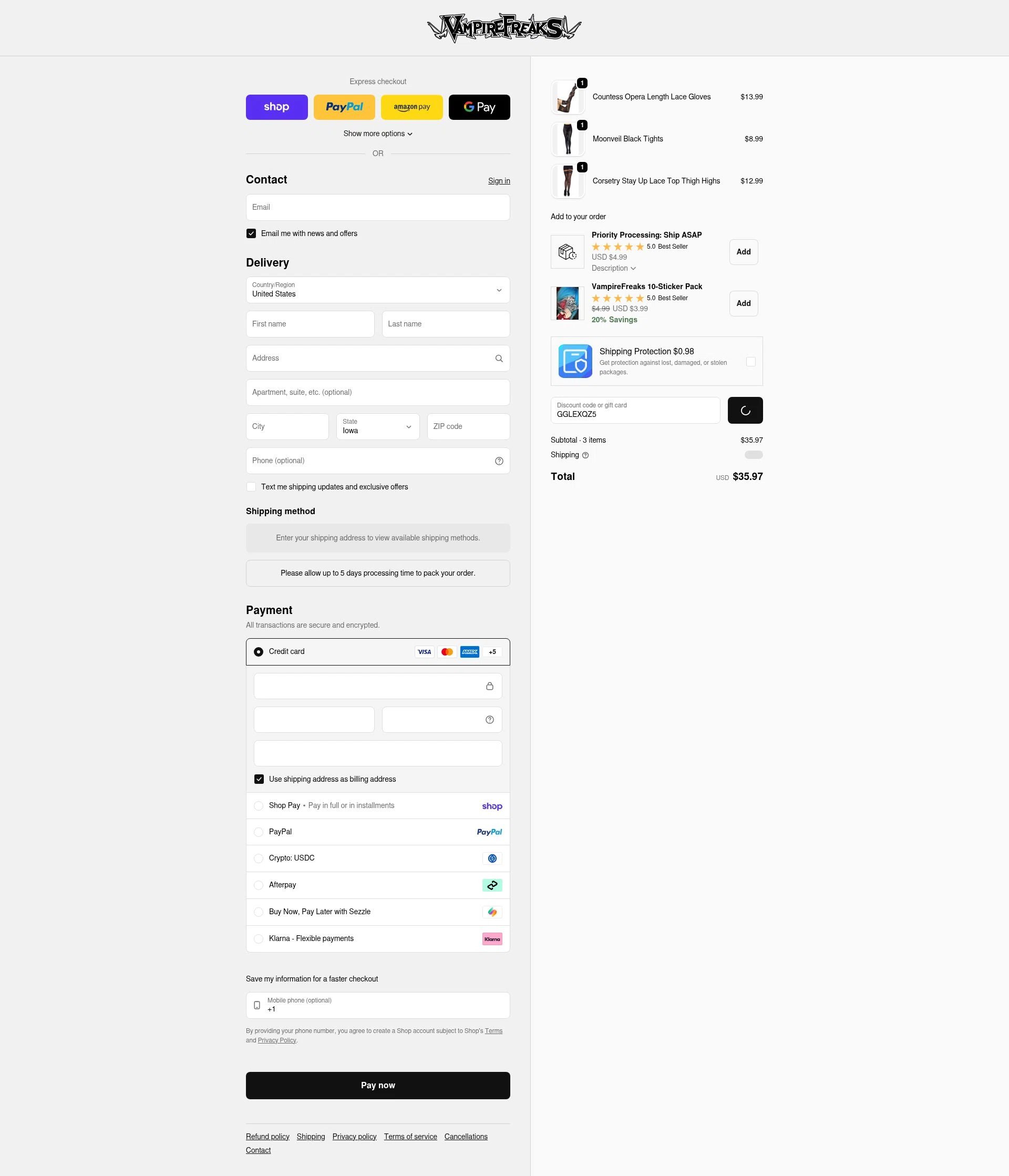 Vampire Freaks Store checkout page showing Vampire Freaks Store promo code box | Screenshot taken by SimplyCodes community member on Feb 4, 2026
