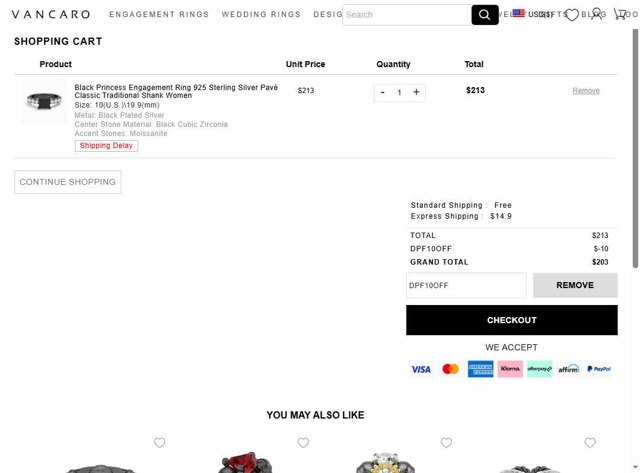 Vancaro checkout page showing Vancaro coupon code box | Screenshot taken by SimplyCodes community member on May 19, 2025