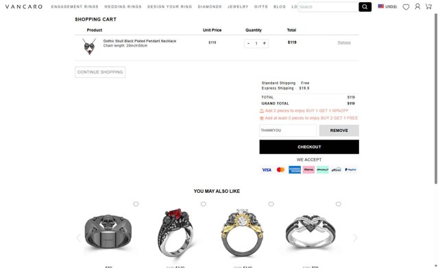 Vancaro checkout page showing Vancaro coupon code box | Screenshot taken by SimplyCodes community member on May 6, 2025