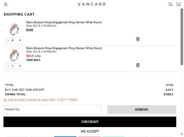Vancaro checkout page showing Vancaro coupon code box | Screenshot taken by SimplyCodes community member on May 19, 2025