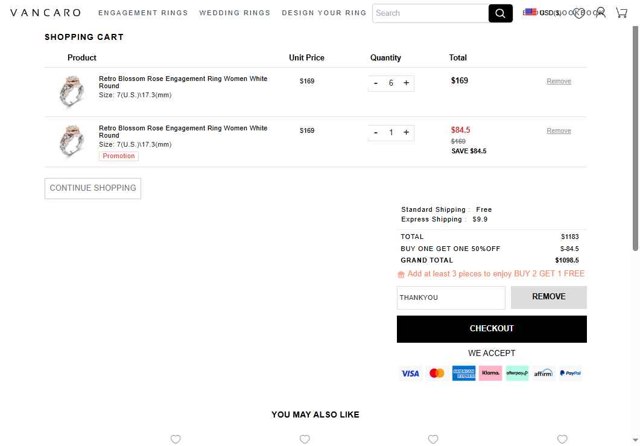 Vancaro checkout page showing Vancaro coupon code box | Screenshot taken by SimplyCodes community member on May 6, 2025