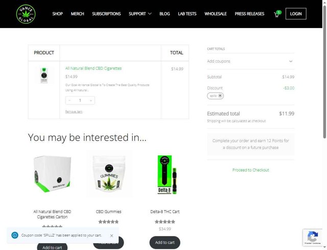 Vance Global checkout page showing Vance Global coupon code box | Screenshot taken by SimplyCodes community member on Sep 7, 2025