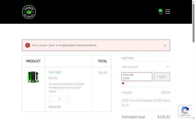 Vance Global checkout page showing Vance Global coupon code box | Screenshot taken by SimplyCodes community member on Aug 10, 2025