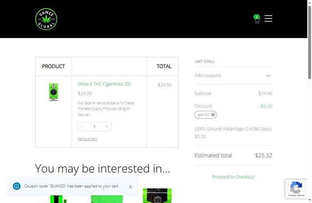 Vance Global checkout page showing Vance Global coupon code box | Screenshot taken by SimplyCodes community member on Aug 16, 2025