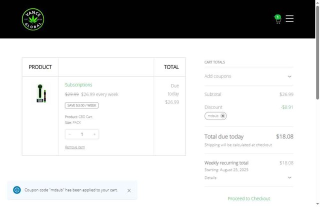 Vance Global checkout page showing Vance Global coupon code box | Screenshot taken by SimplyCodes community member on Aug 18, 2025