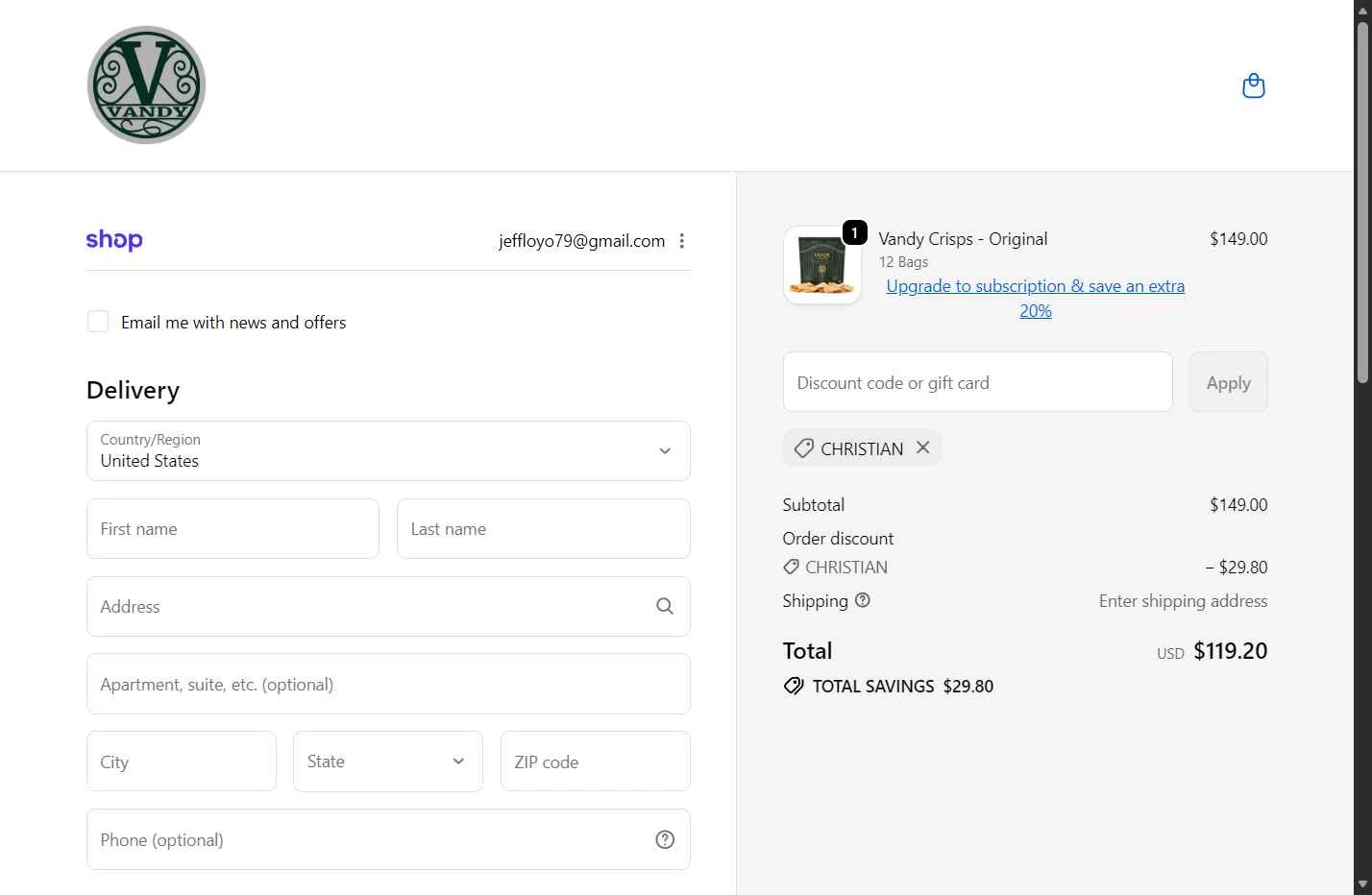 Vandy Crisps checkout page showing Vandy Crisps promo code box | Screenshot taken by SimplyCodes community member on Feb 5, 2026