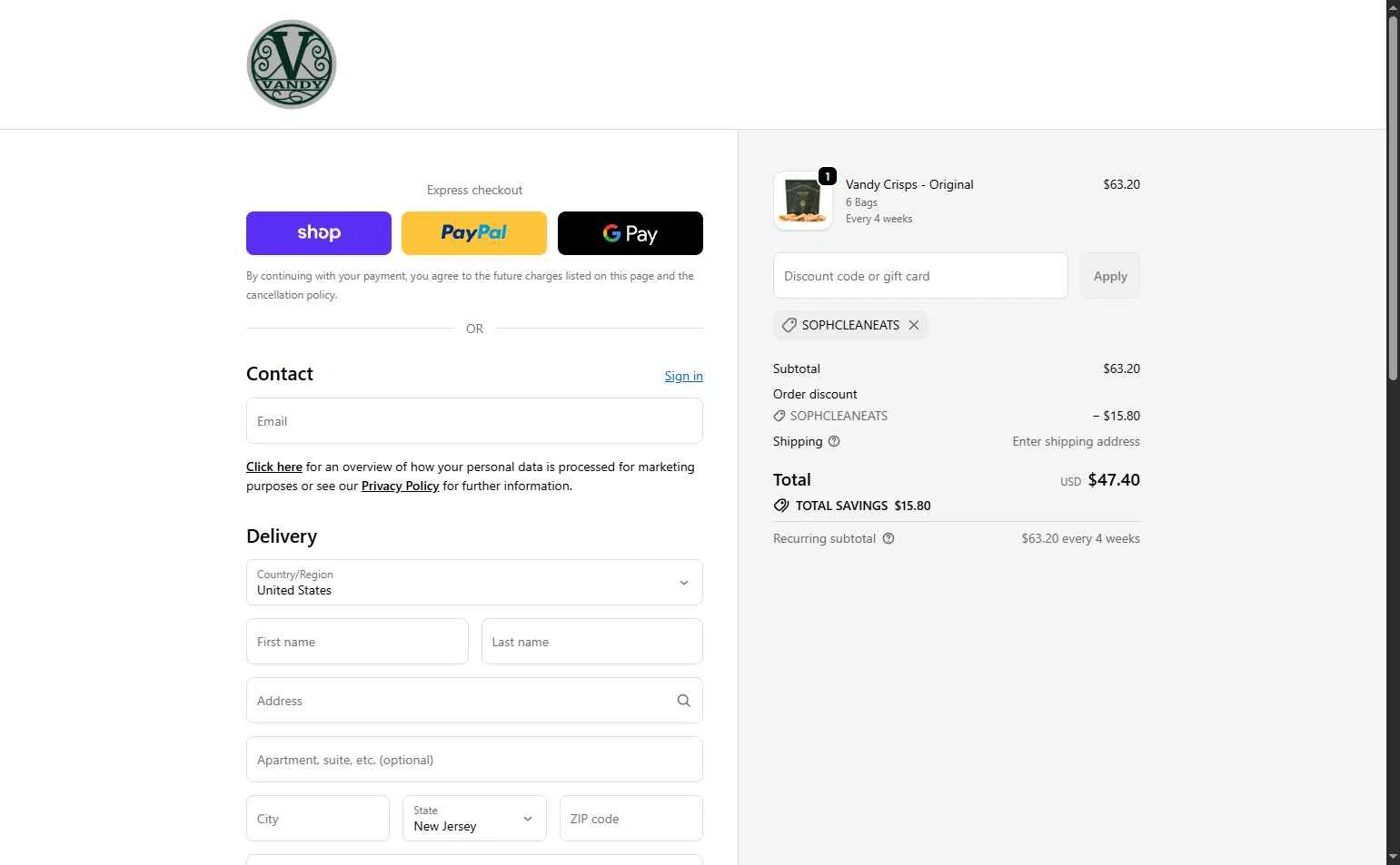 Vandy Crisps checkout page showing Vandy Crisps promo code box | Screenshot taken by SimplyCodes community member on Jan 27, 2026