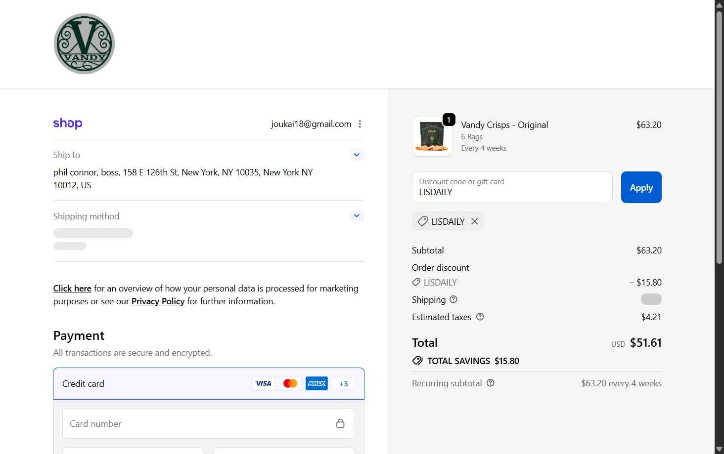 Vandy Crisps checkout page showing Vandy Crisps promo code box | Screenshot taken by SimplyCodes community member on Jan 27, 2026