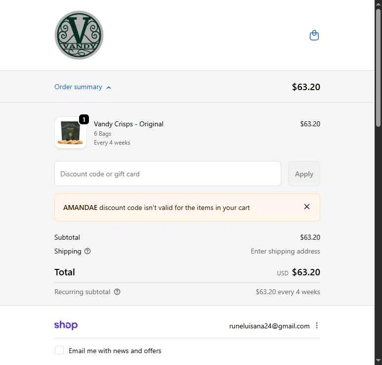 Vandy Crisps checkout page showing Vandy Crisps promo code box | Screenshot taken by SimplyCodes community member on Feb 4, 2026